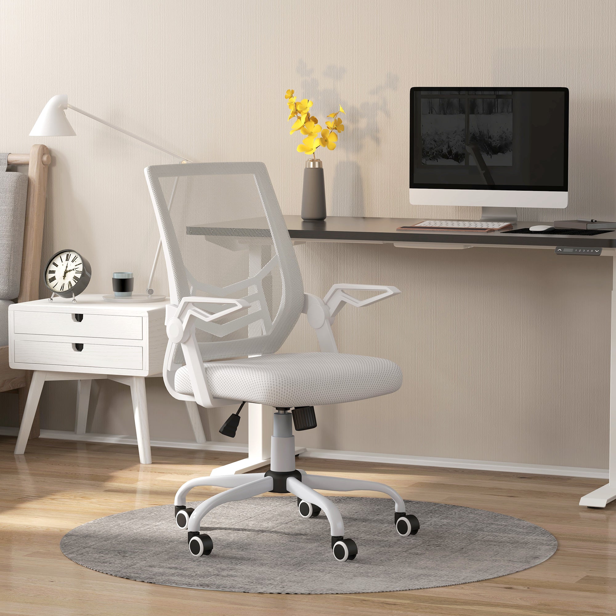 Mesh Office Chair, Computer Desk Chair with Flip-up Armrests, Lumbar Back Support and Swivel Wheels, White