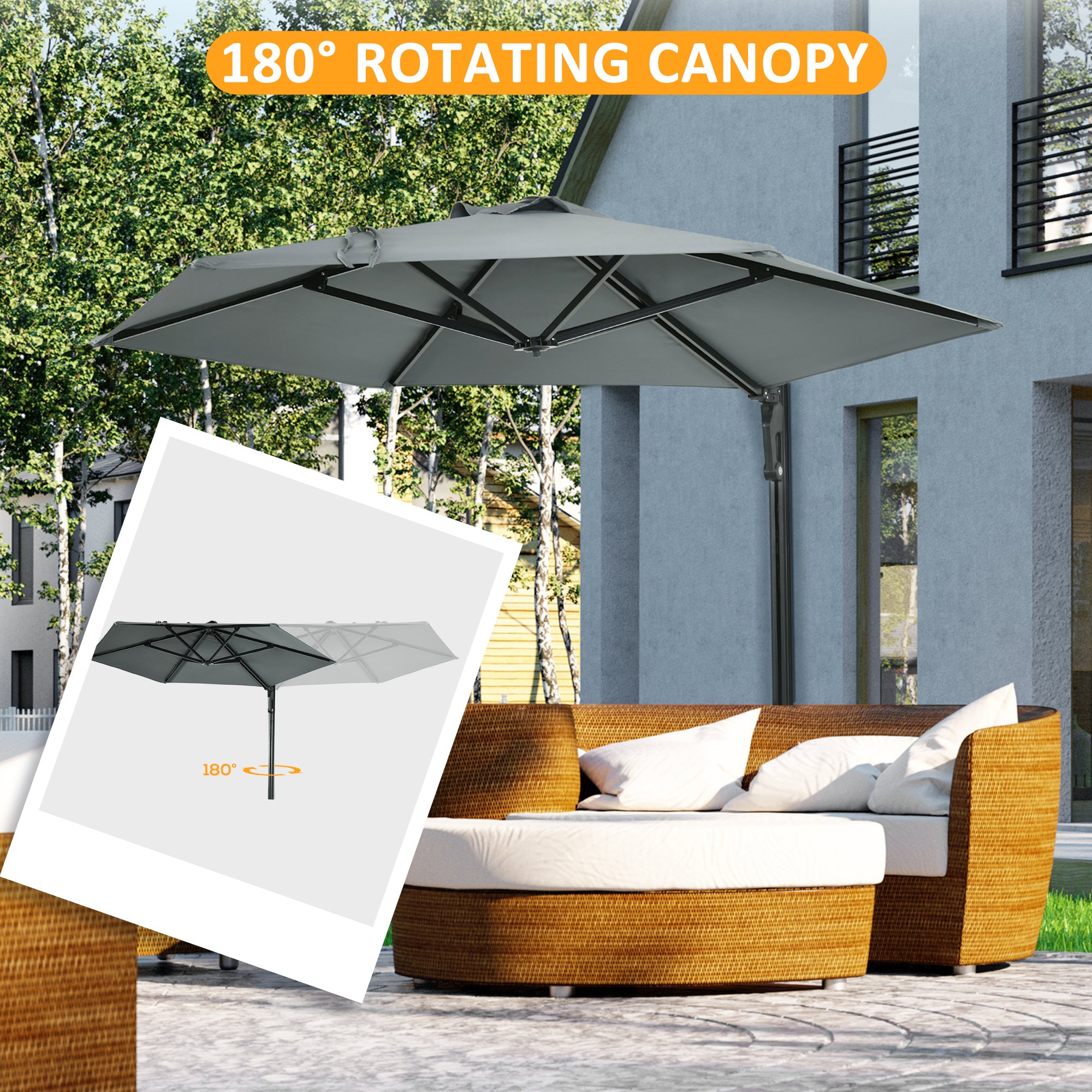 Wall Mounted Outdoor Parasol with 180 Degree Rotatable Canopy Grey