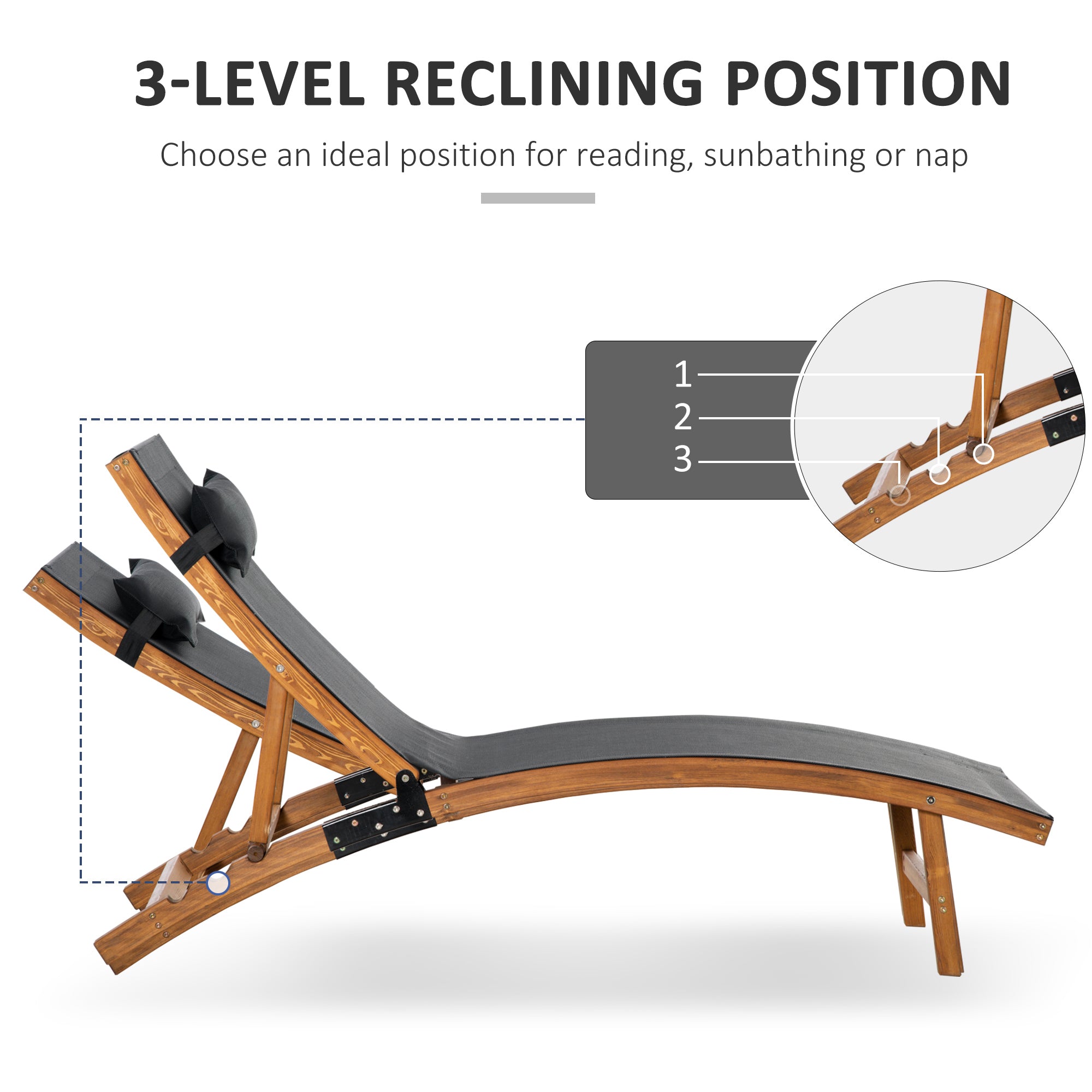 Ergonomic Wooden Patio Lounge Chair with Adjustable Back and Removable Pillow Black