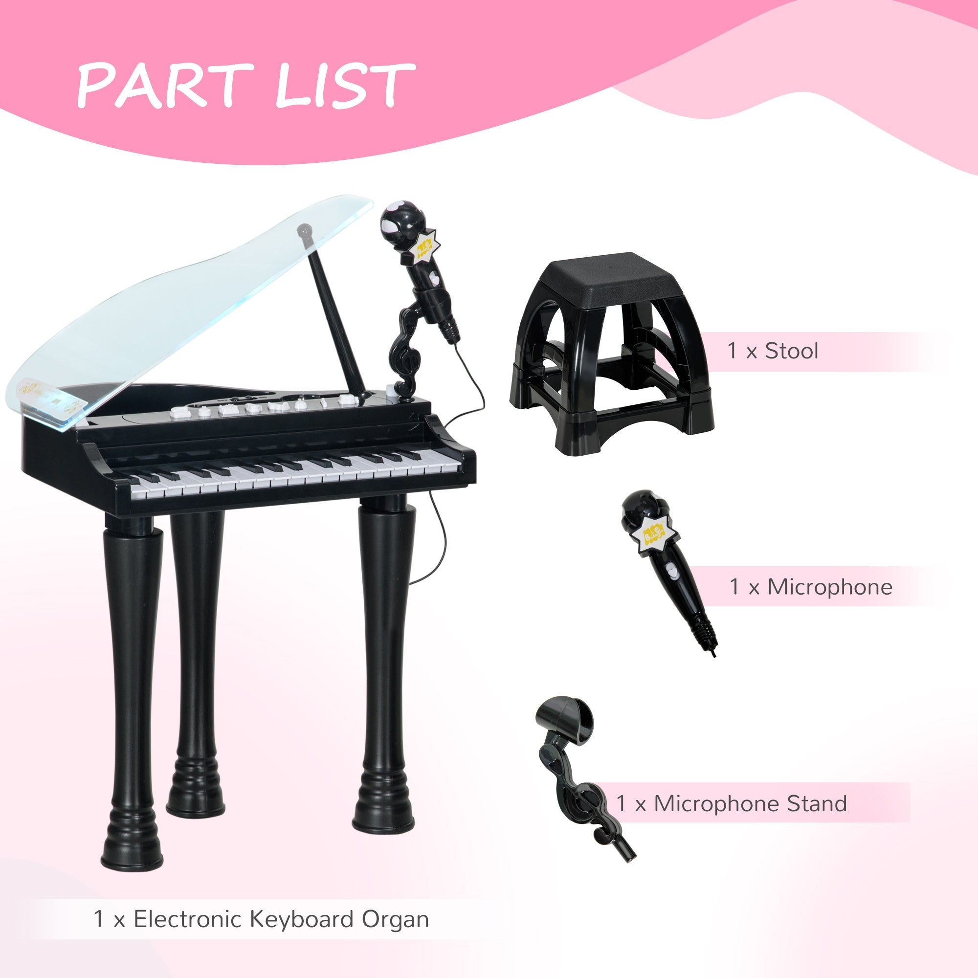 32-Key Kids Piano Keyboard, with Stool, Lights, Microphone, Sounds, Removable Legs - Black