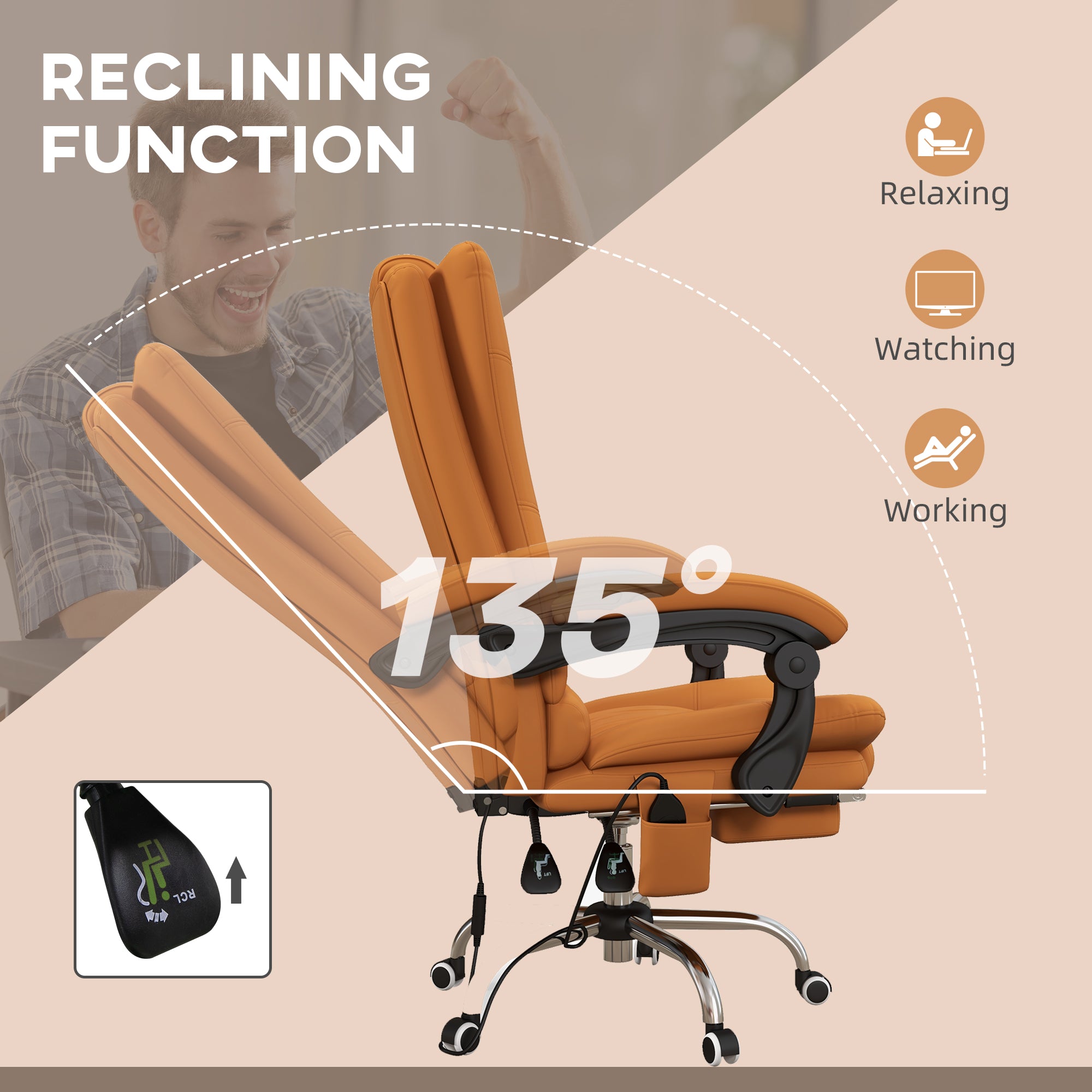 Vibration Massage Office Chair with Heat, PU Leather Computer Chair with Footrest, Armrest, Reclining Back, Light Brown