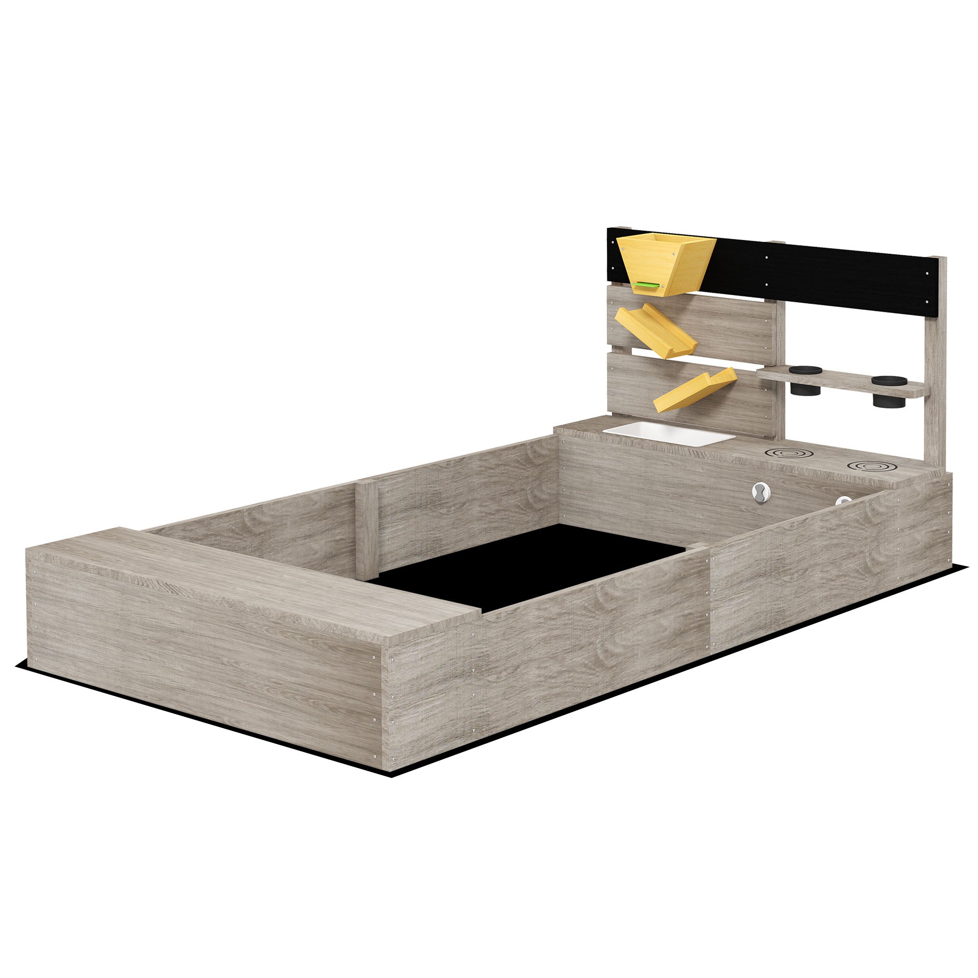 Wooden Sand Pit with Liner, Pretend Hobs, Planting Boxes, Two Seats, for Ages 3-7 Years - Grey