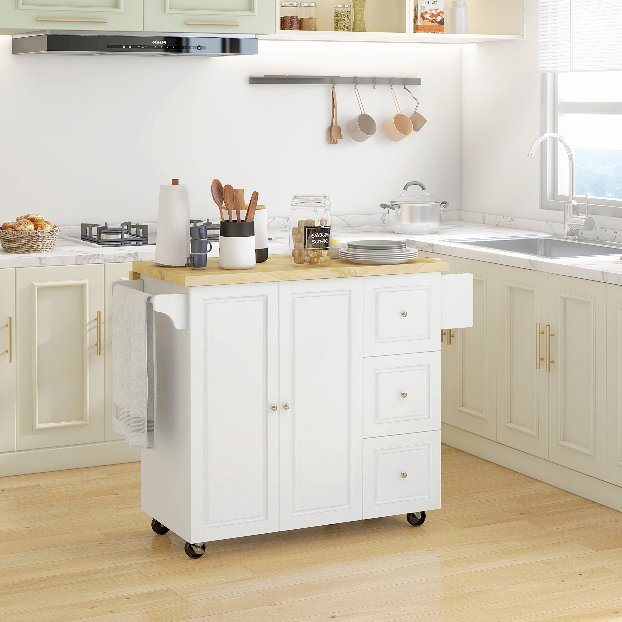 Drop-Leaf Kitchen Island on Wheels Utility Storage Cart with Drawers & Cabinet for Kitchen, Dining & Living Room