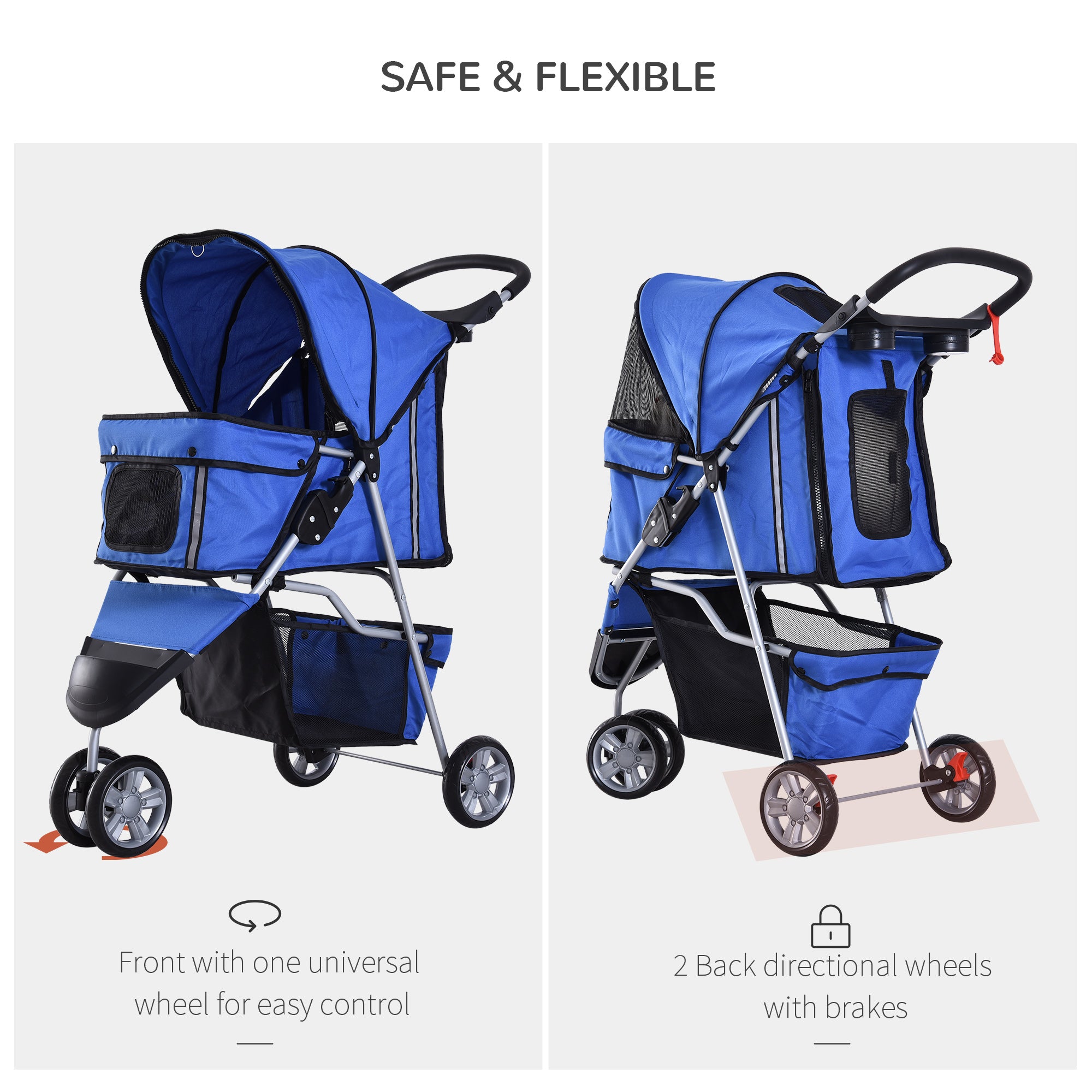 Dog Stroller with Cover for Small Miniature Dogs, Folding Cat Pram Dog Pushchair with Cup Holder, Storage Basket, Reflective Strips, Blue