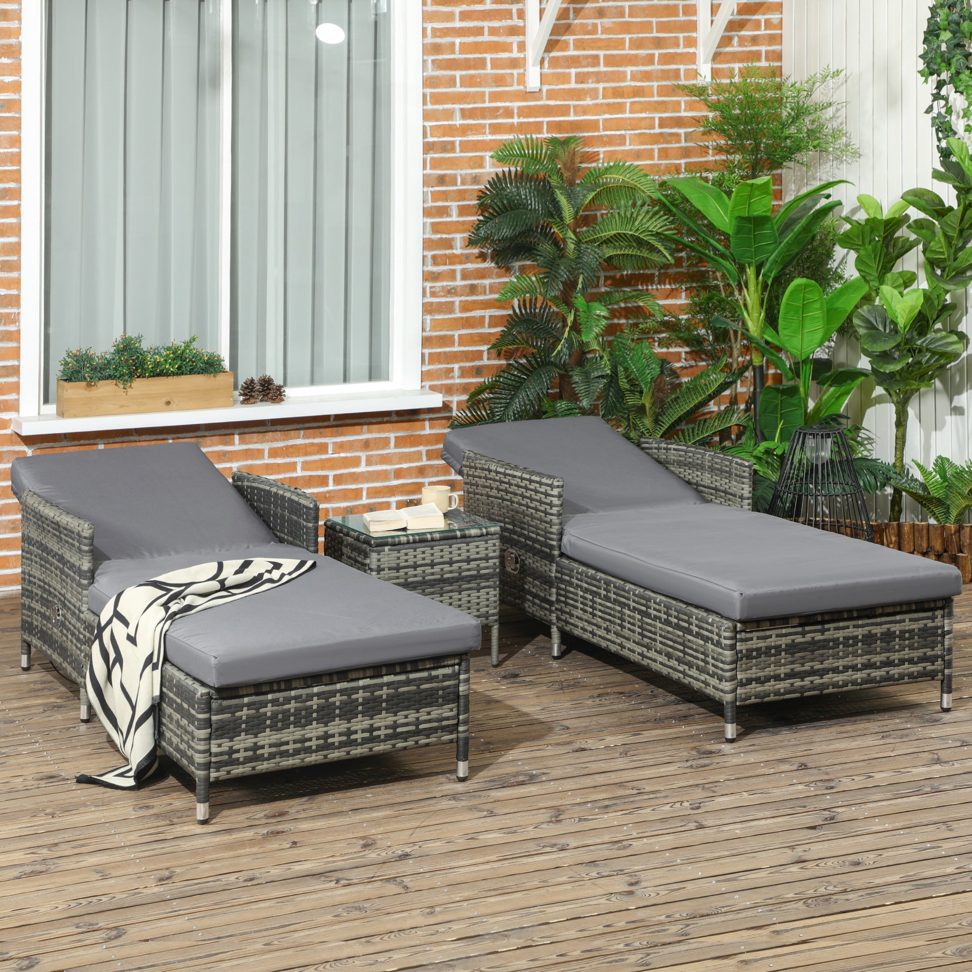 3-Pieces Rattan Sun Lounger, Patio Chaise Lounge Chair Set with Adjustable Backrest, Soft Cushions, Glass Top Table, Grey