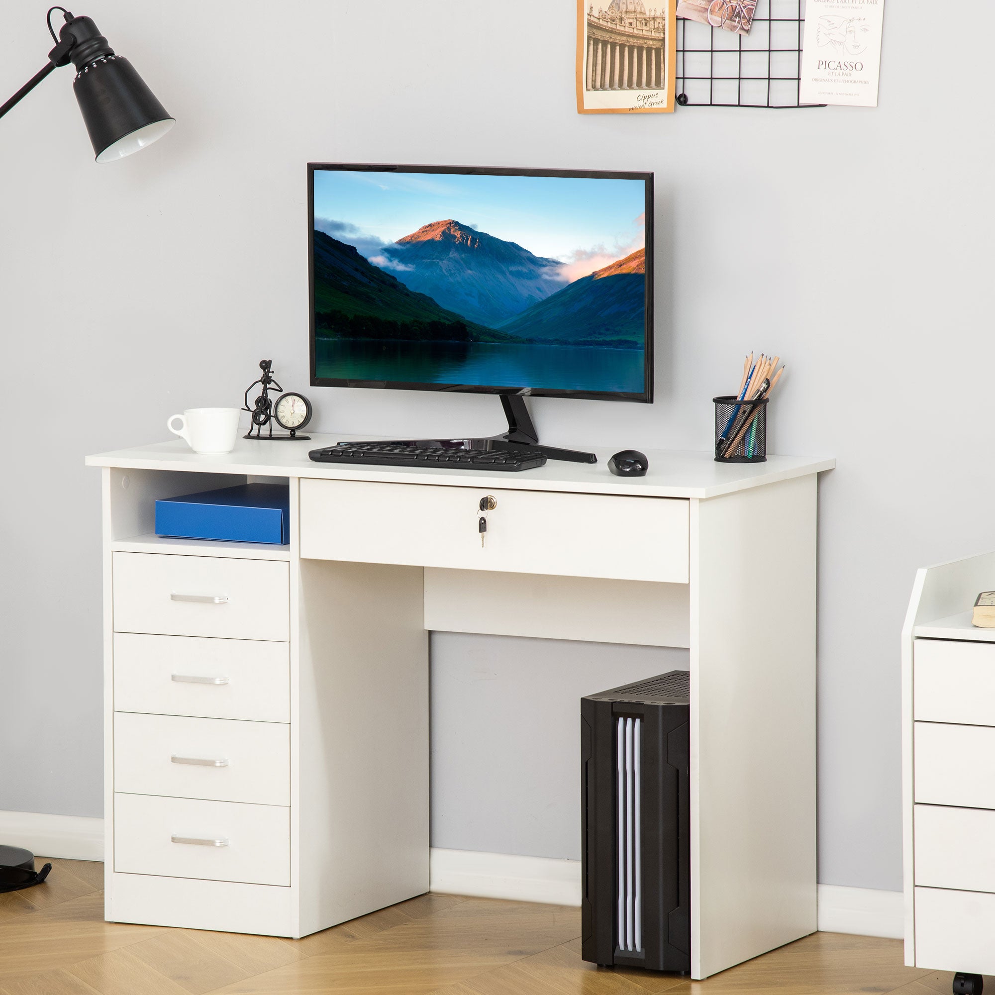 Computer Desk, Home Office Desk with Lockable Drawer, Storage Shelf for Study Bedroom, 110 x 50 x 76 cm, White