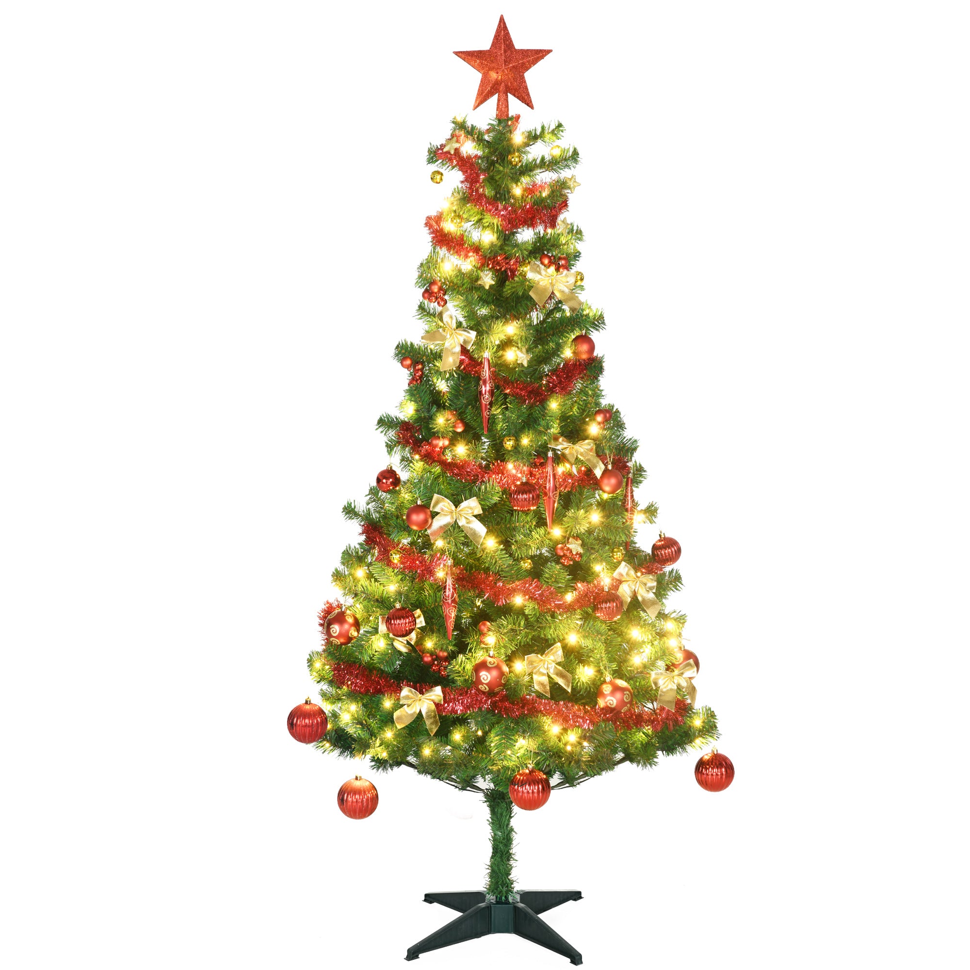 6' Artificial Prelit Christmas Trees Holiday Décor with Warm White LED Lights, Auto Open, Tinsel, Ball, Star