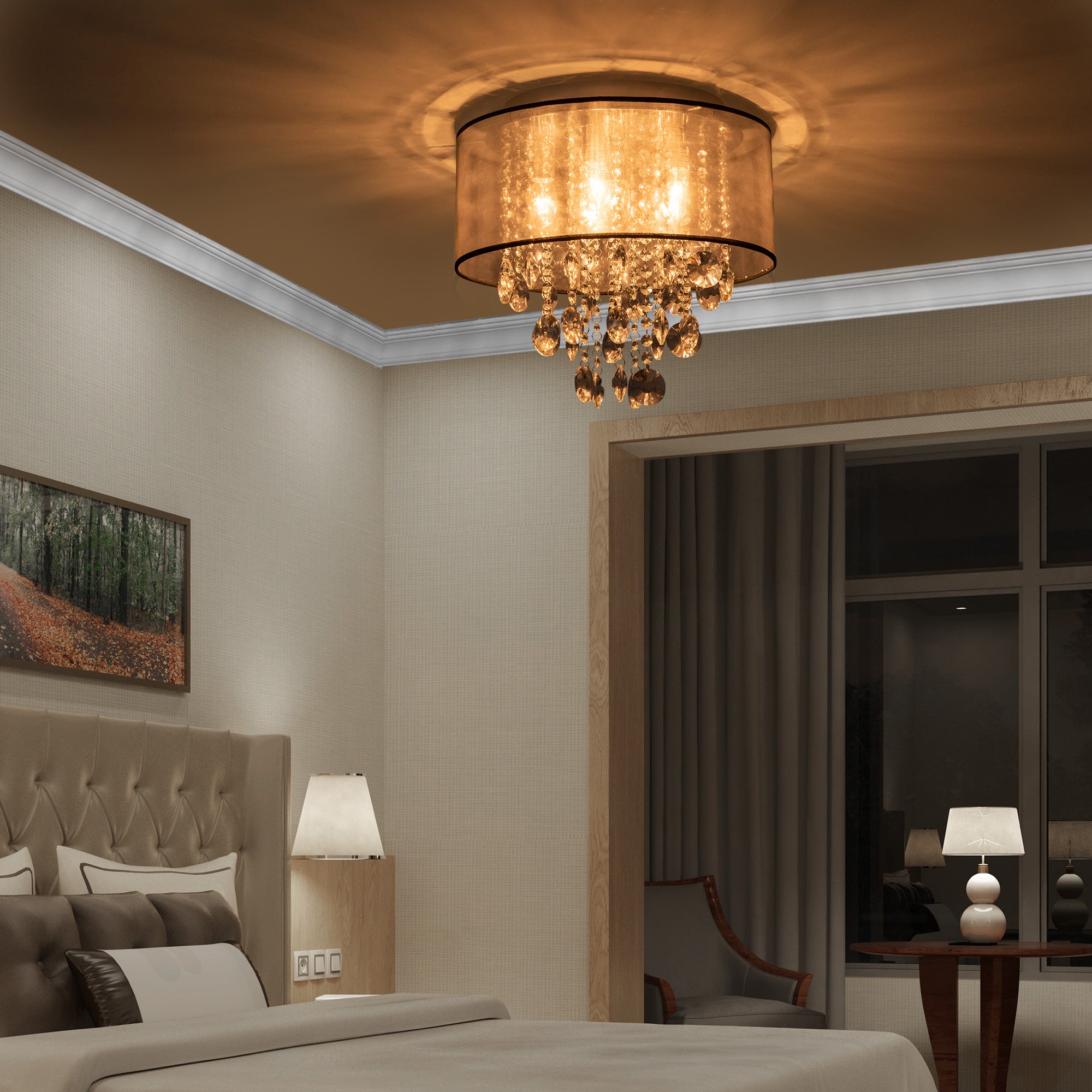 Modern Crystal Chandelier Flush Mount LED Ceiling Light with Drum Shade for Living Room Bedroom Dining Room Silver