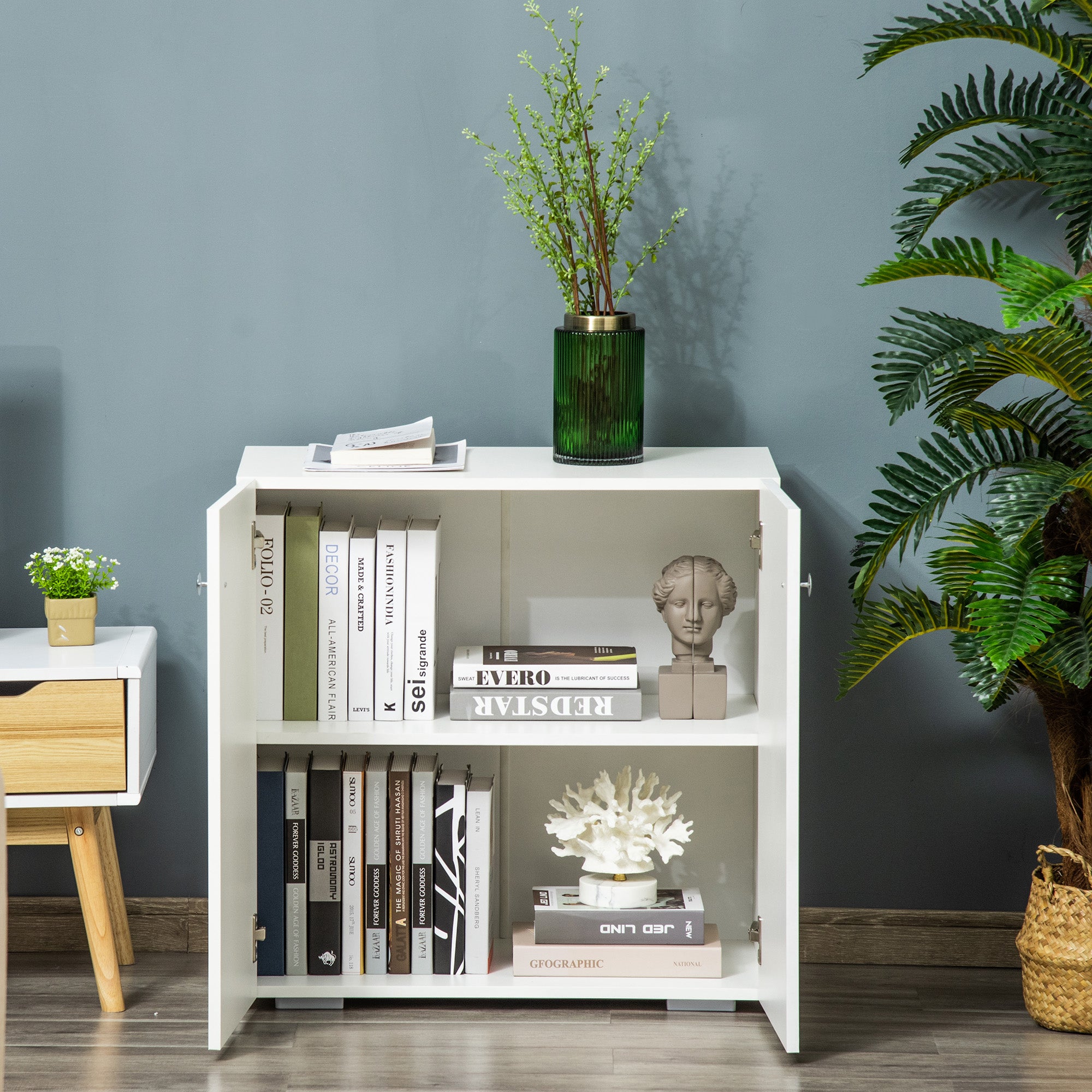 Storage Cabinet with 2 Shelves and Doors, Wooden Sideboard, Freestanding Kitchen Cupboard, Bookcase for Living Room, Hallway and Kitchen, White