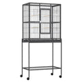 Metal Canary and Parakeet Bird Cage with Detachable Rolling Stand, Wood Perch & Food Container - Black and Grey
