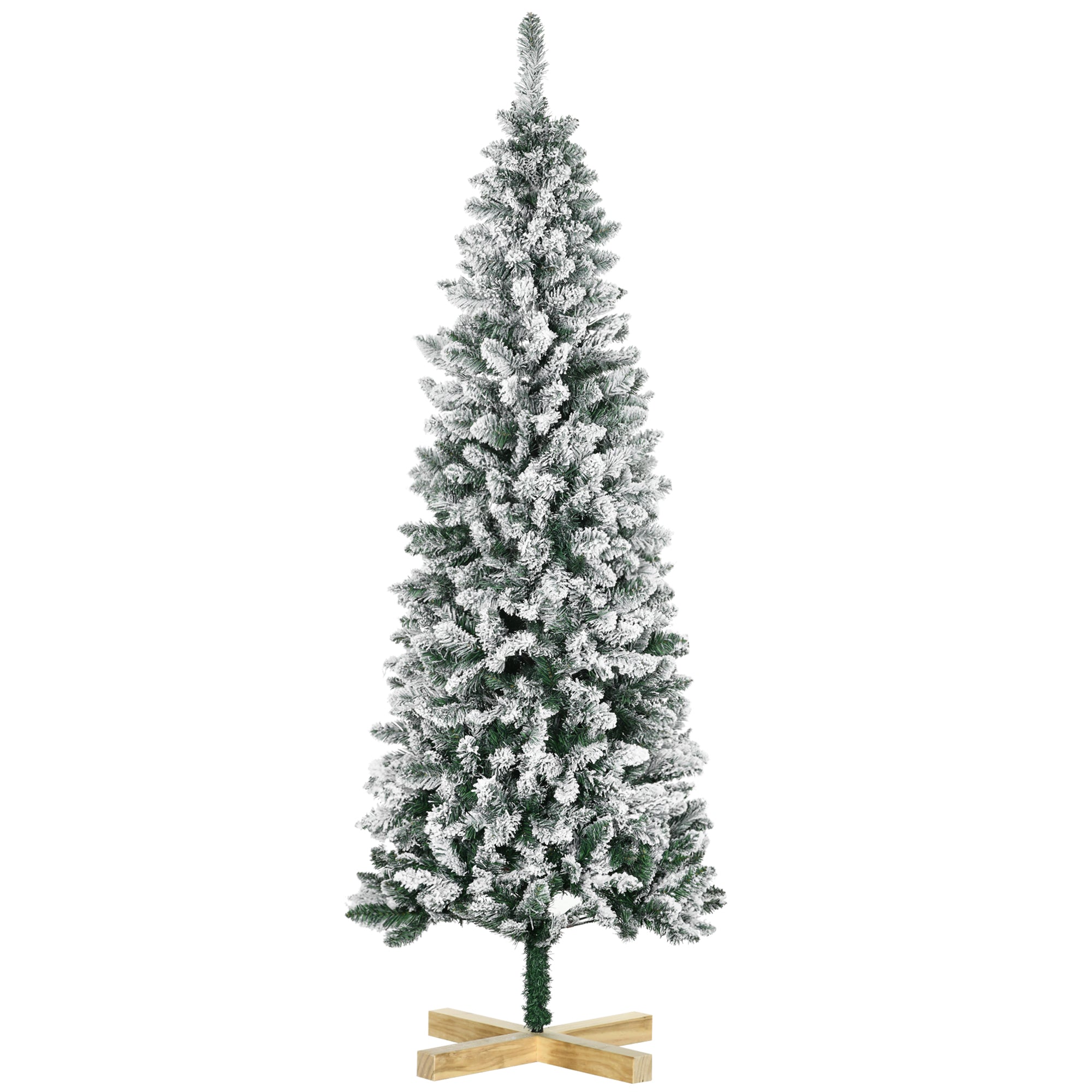 6 Foot Snow Flocked Artificial Christmas Tree, Xmas Pencil Tree with 630 Realistic Branches, Auto Open, Pinewood Base, Green