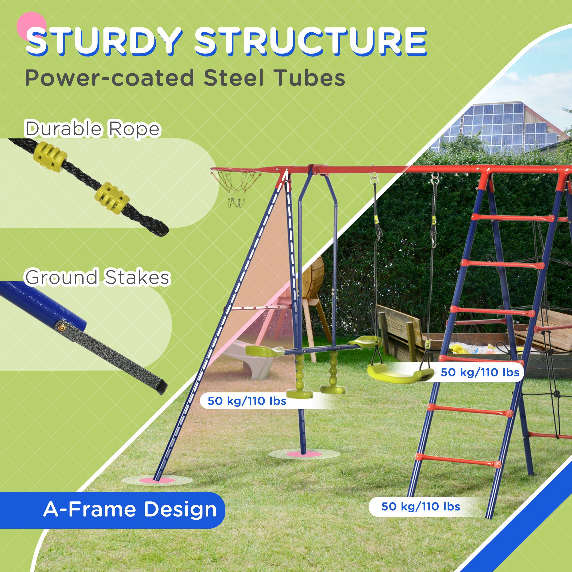 6 In 1 Metal Garden Swing Set, Kids Swings with Double Swings, Climbing Frame, Glider, Trapeze Bar, Basketball Hoop