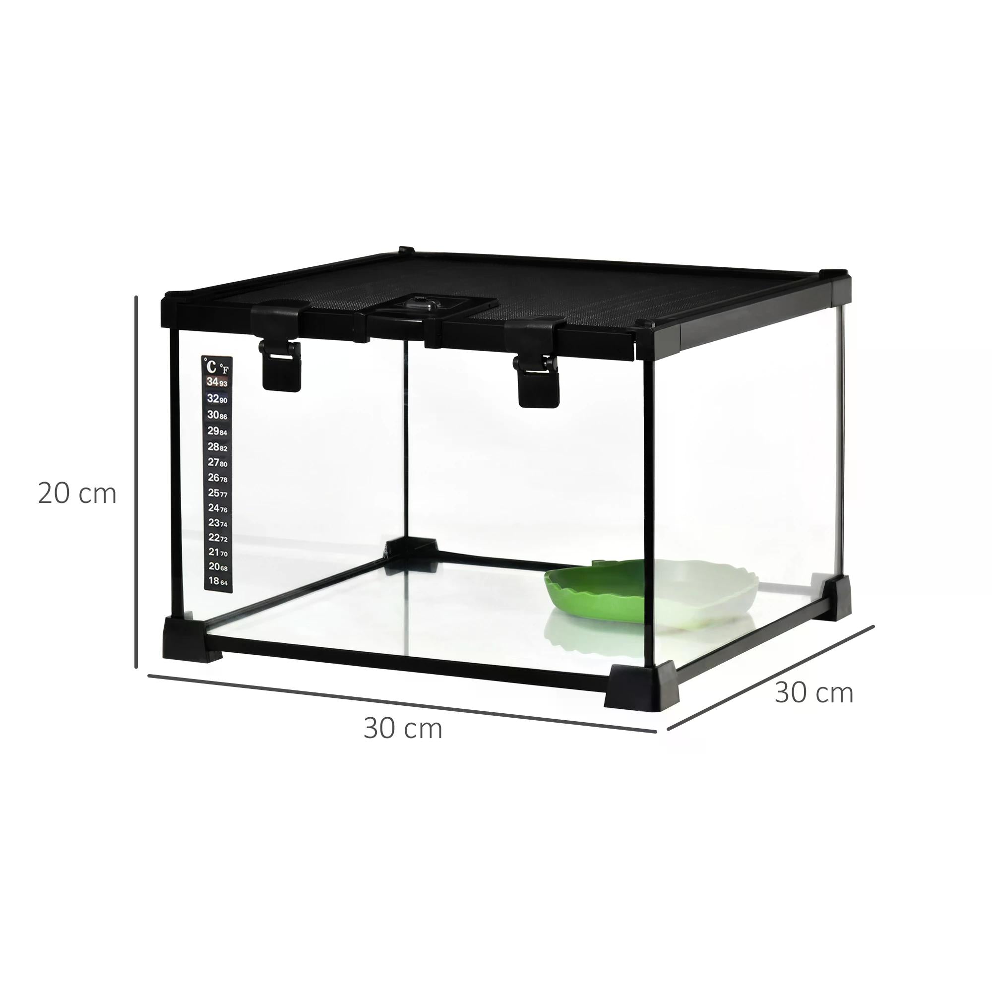 30 x 30 x 20 cm Reptile Glass Terrarium, Reptile Breeding Tank, Climbing pet Glass Containers, Arboreal Box, with Strip Patch Thermometer-Black