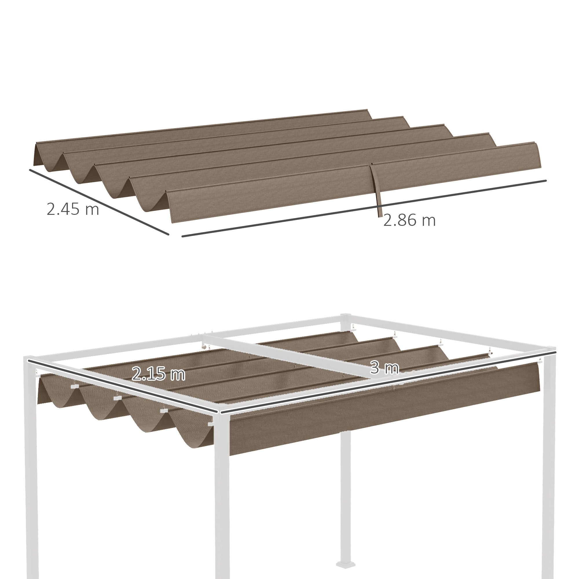 Pergola Roof, Retractable Sun Shade Cover for 3 x 2.15m Pergola, UV30+ Protected, Coffee