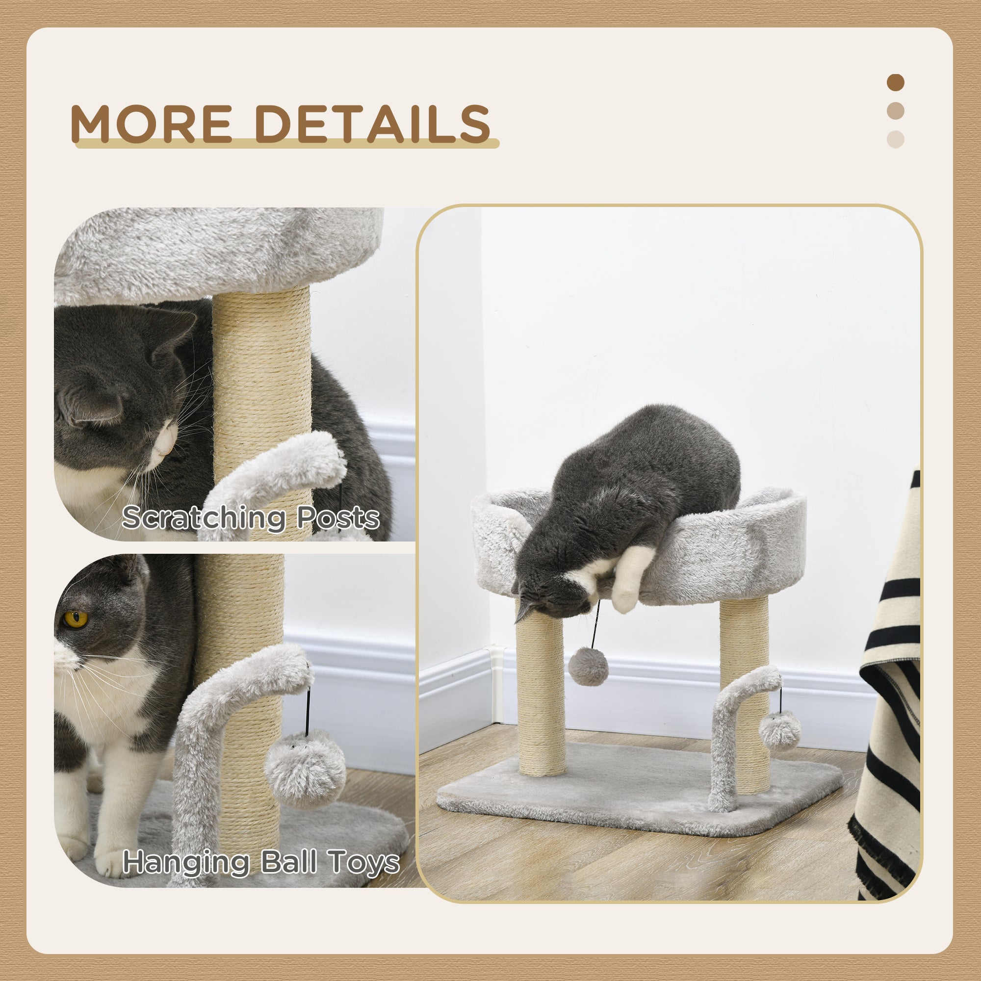 42cm Indoor Cat Tree, with Toy Balls, Sisal Scratching Post - Light Grey