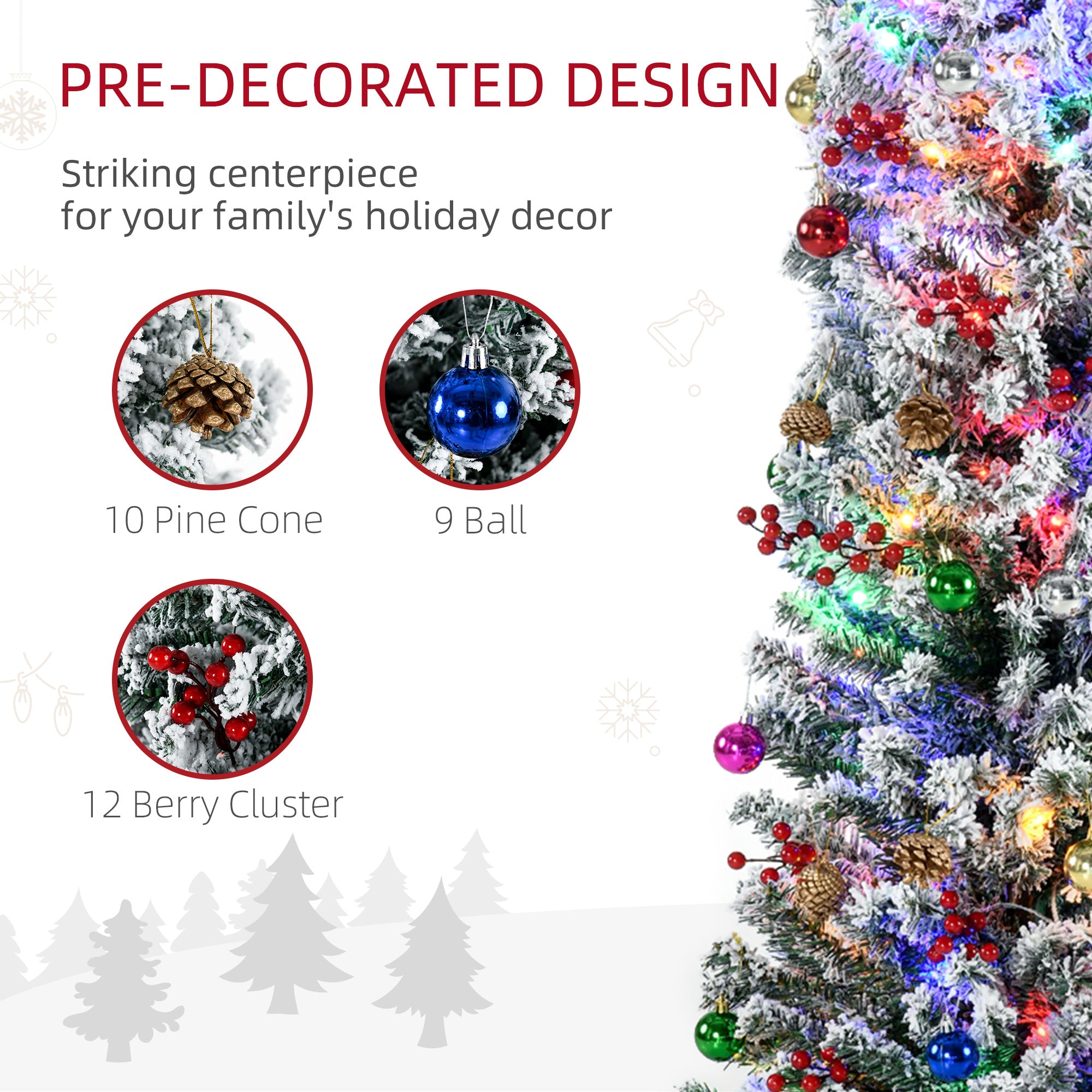 6' Artificial Prelit Christmas Trees Holiday Décor with Warm White LED Lights, Flocked Tips, Berry, Pine Cone