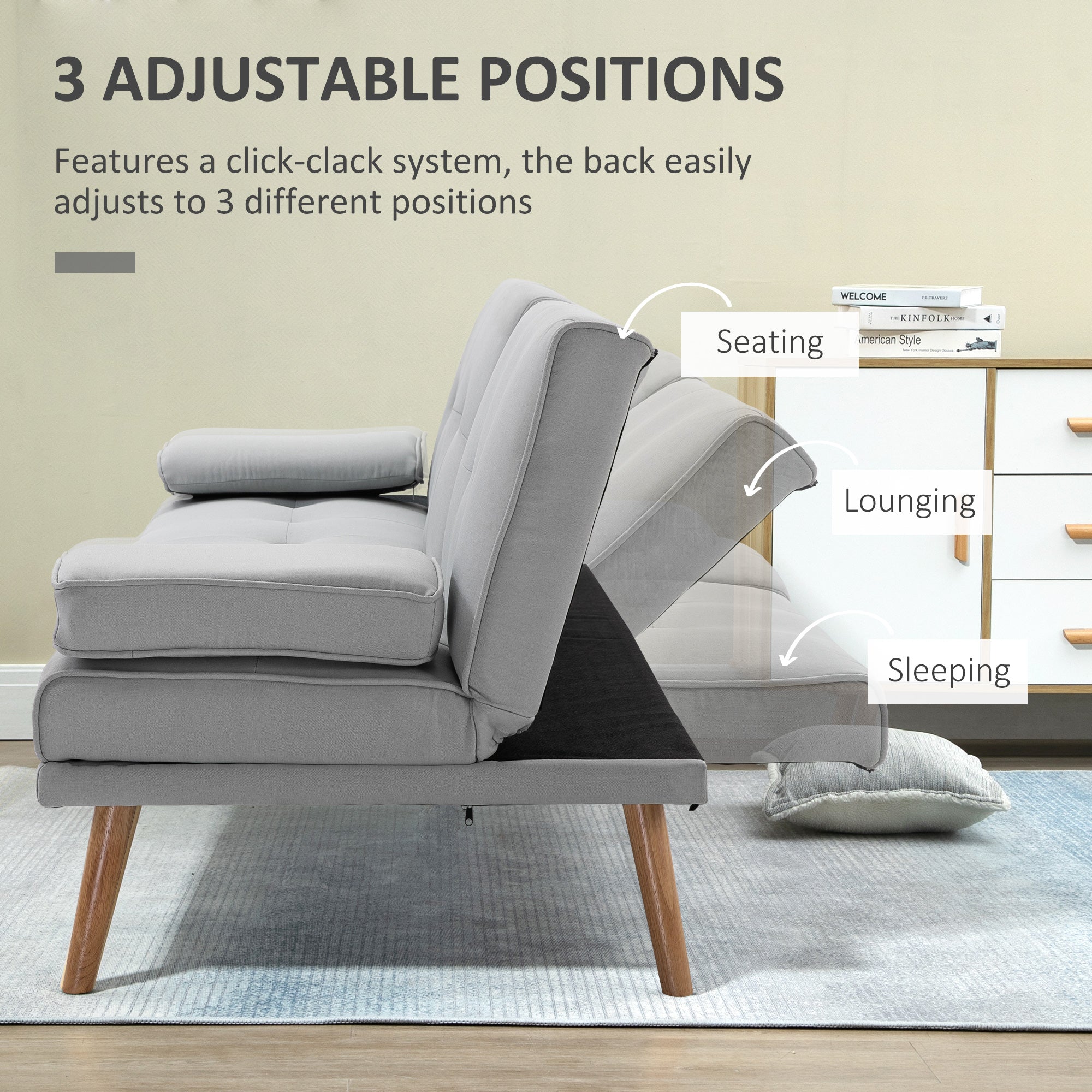 3 Seater Sofa Bed Scandinavian Style Recliner Thick Cushions Adjustable Split Back Middle Table with Armrest Cup Holder, 72H x 181W