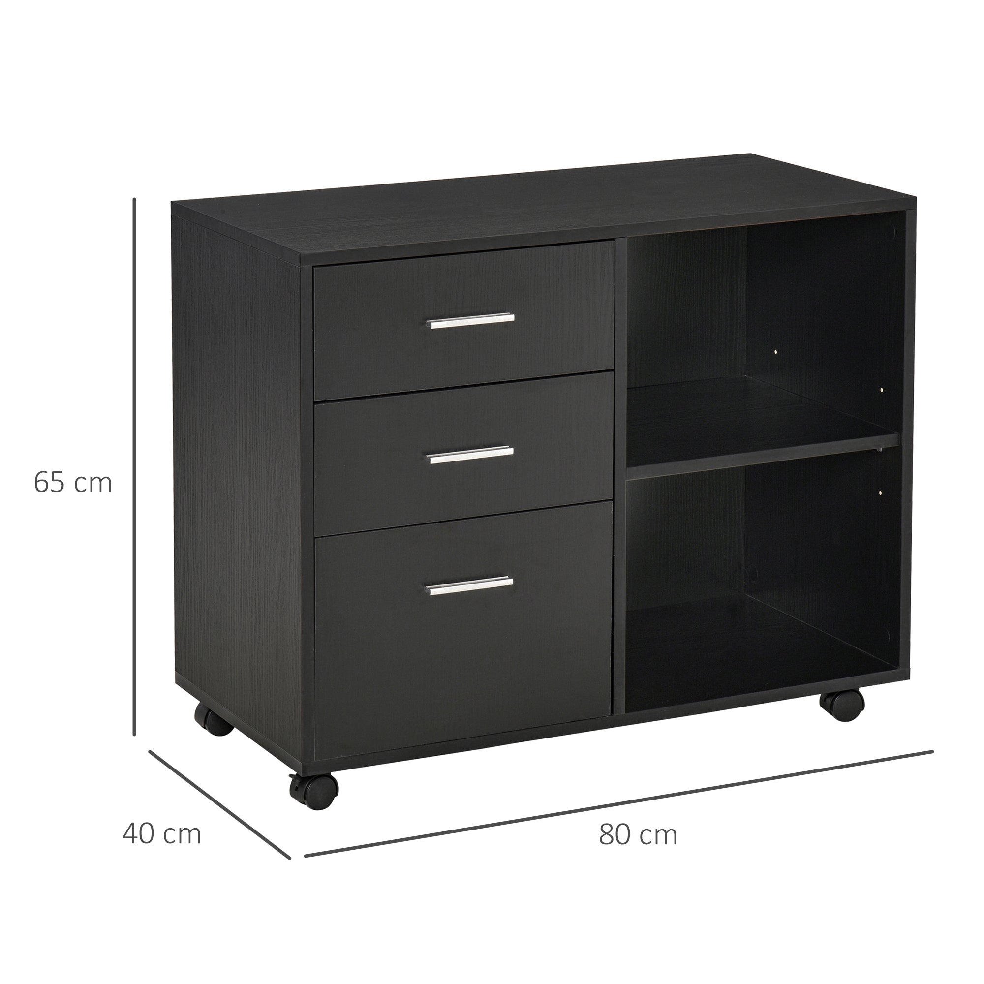 Freestanding Printer Stand Unit Office Desk Side Mobile Storage w/ Wheels 3 Drawers, 2 Open Shelves Modern Style 80L x 40W x 65H cm - Black