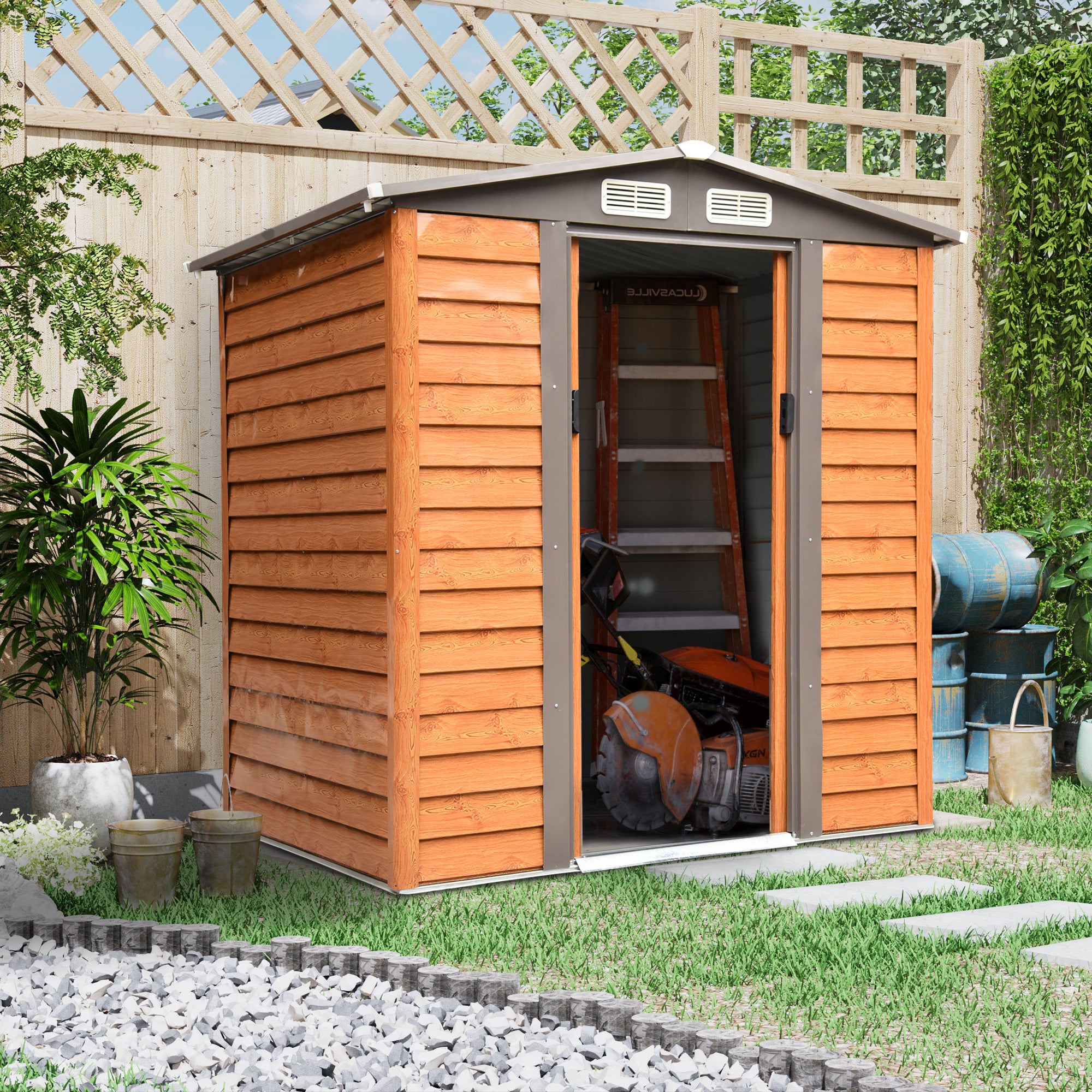 6 x 5 ft Garden Storage Shed Apex Store for Gardening Tool with Foundation and Ventilation, Brown