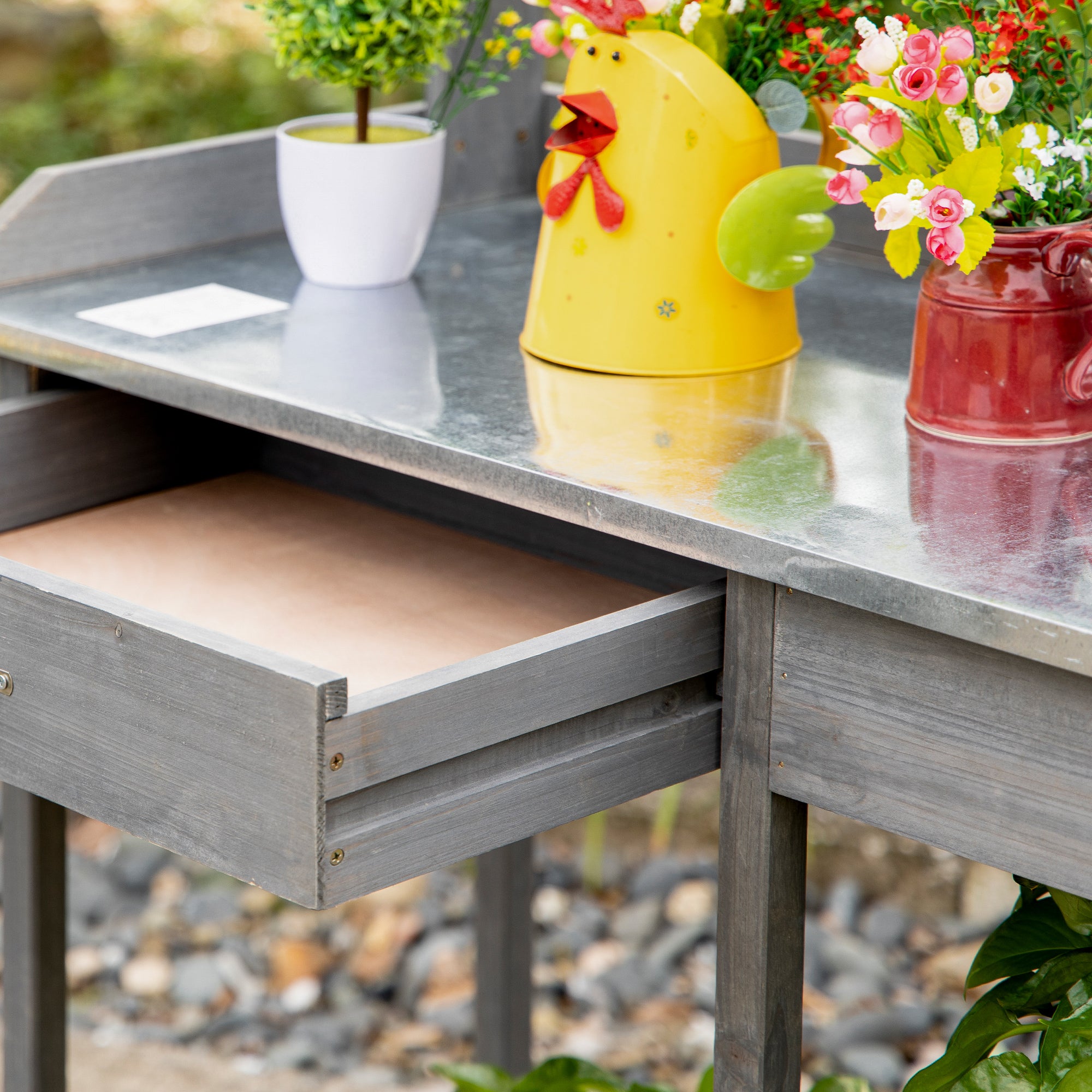 Garden Potting Table, Wooden Workstation Bench w/ Galvanized Metal Tabletop, Drawer, Storage Shelves and Hooks for Courtyards, Balcony