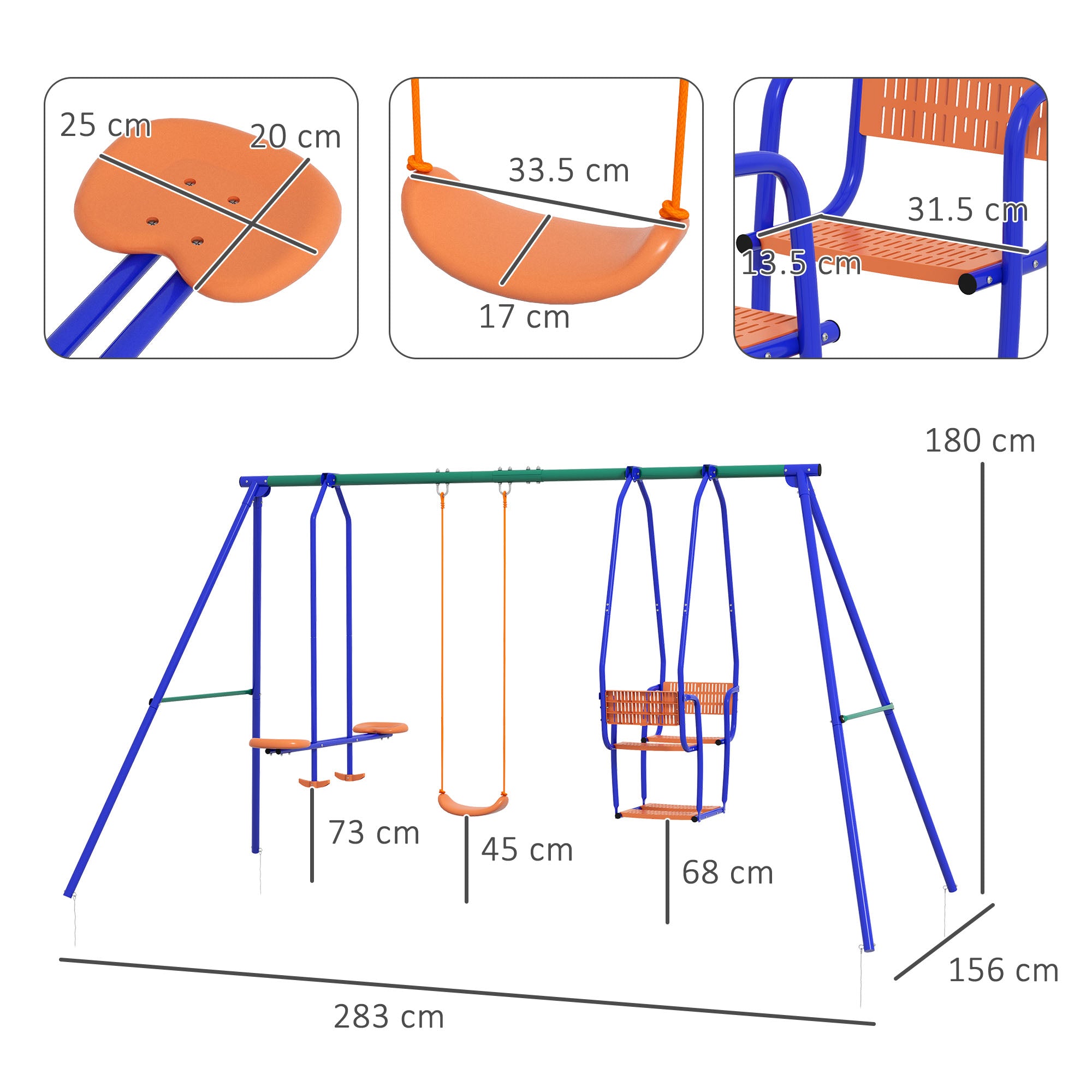 3 in 1 Metal Kids Swing Set with Swing Glider Rocking Chair Orange