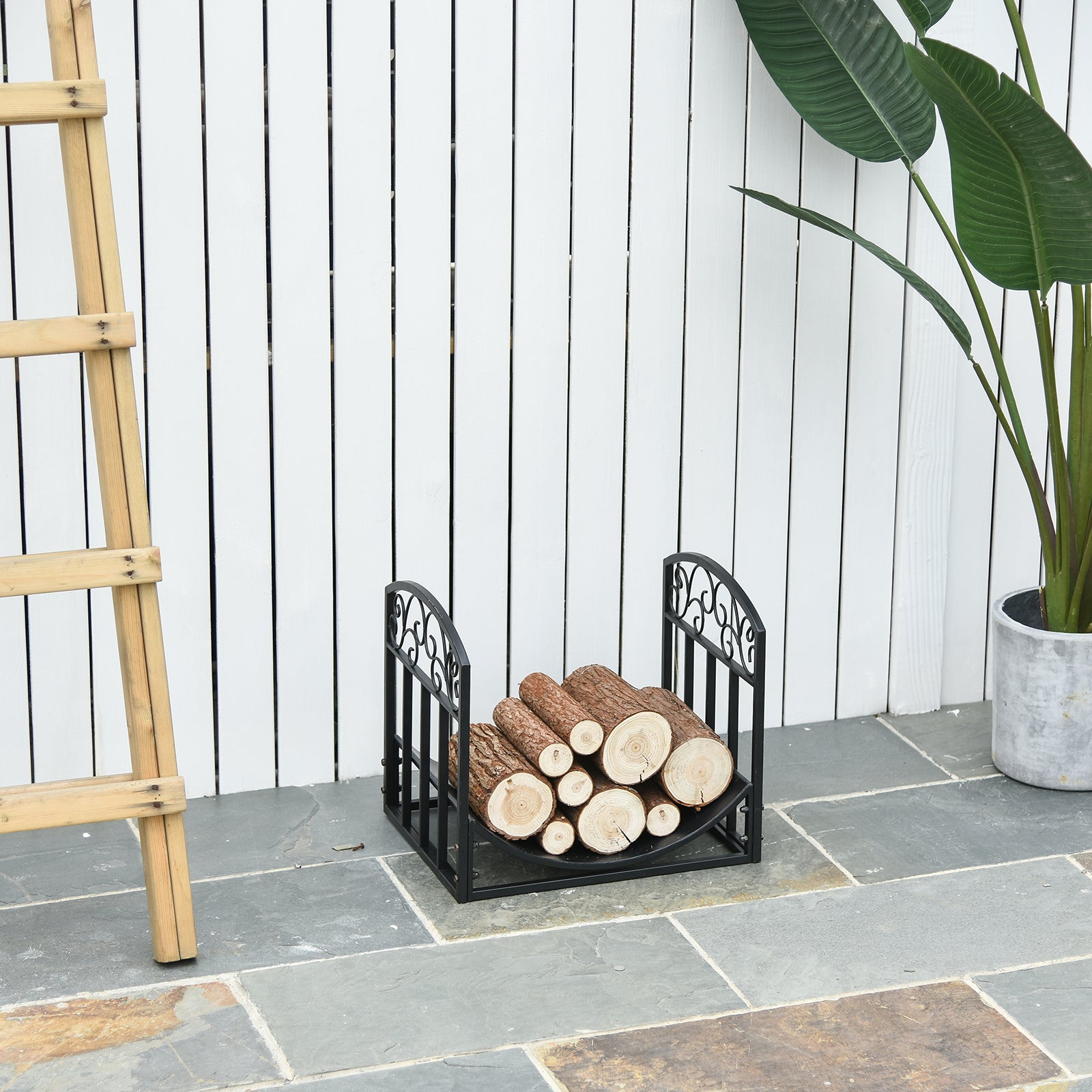 Wrought Iron Inner Arced Wood Log Holder Indoor Outdoor Storage Shelf w/ Elegant Scrolls Rust-Resistant Stacker Black