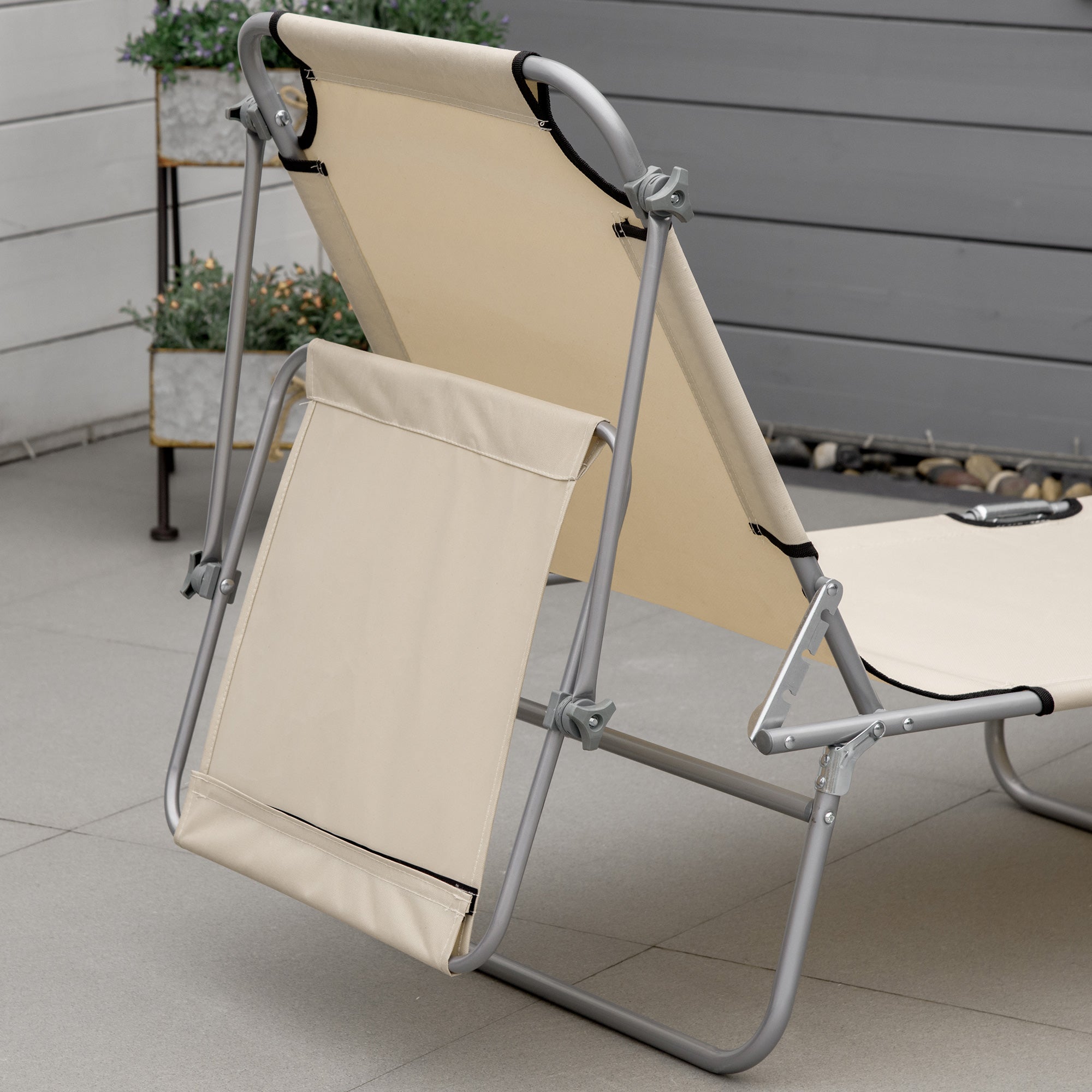 Reclining Chair Sun Lounger Folding Lounger Seat with Sun Shade Awning Beach Garden Outdoor Patio Recliner Adjustable (Beige)