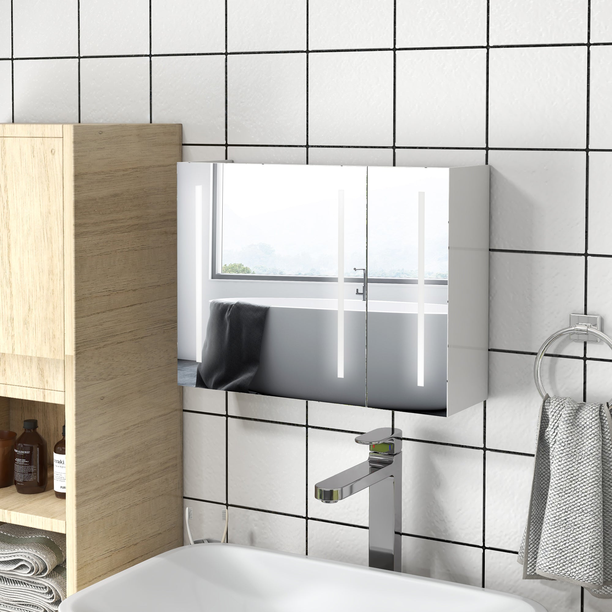 Bathroom Wall Wardrobe with Light, Bathroom Storage Cupboard with USB Charge, Adjustable Shelf, 90L x 15H x 70Dcm, White