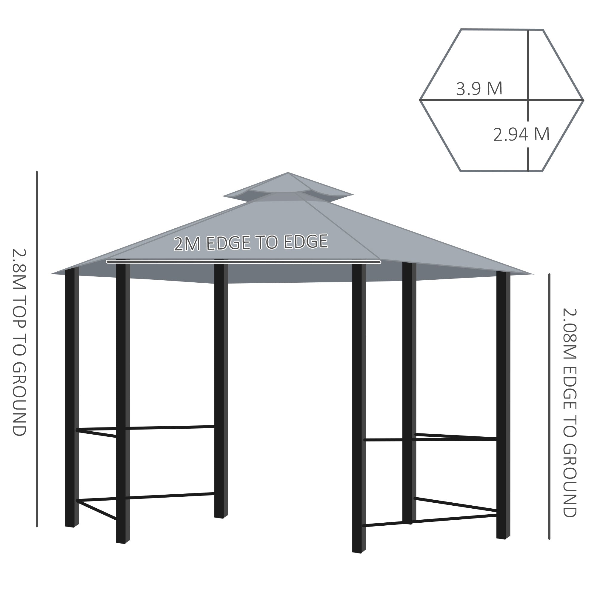 Hexagon Gazebo Patio Canopy Party Tent Outdoor Garden Shelter w/ 2 Tier Roof & Side Panel - Grey