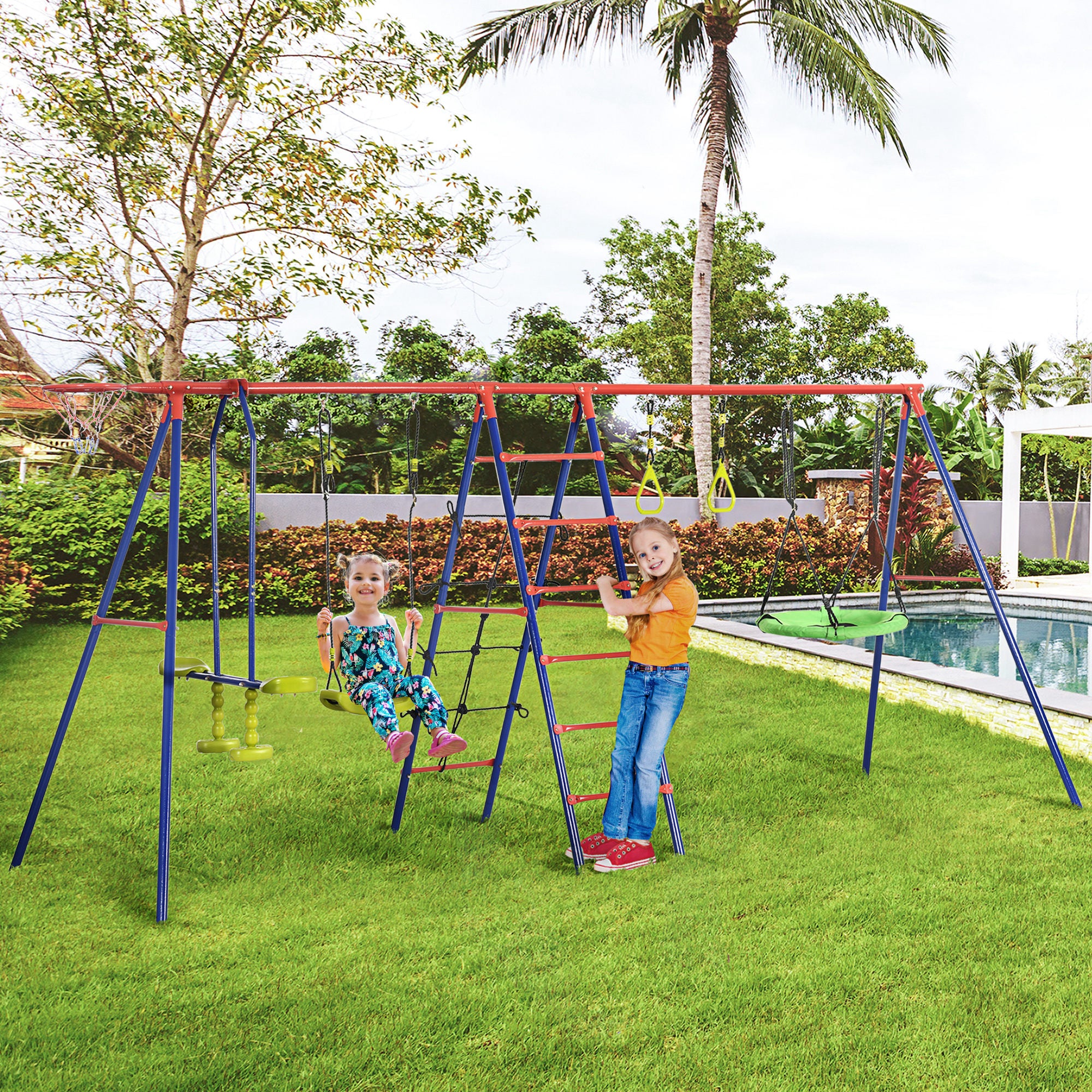 6 In 1 Metal Garden Swing Set, Kids Swings with Double Swings, Climbing Frame, Glider, Trapeze Bar, Basketball Hoop