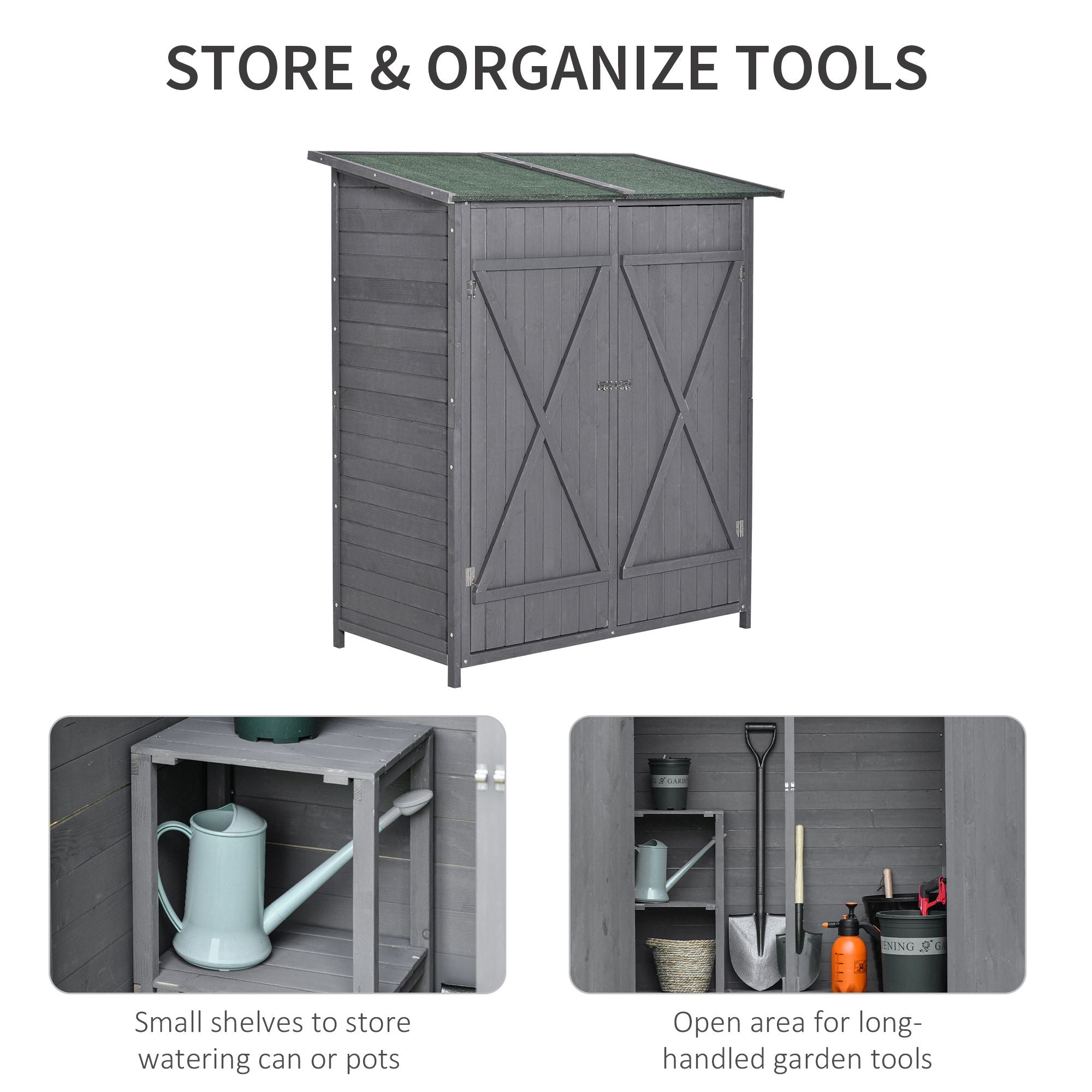 Wooden Garden Storage Shed Lockable Tool Cabinet Organizer w/ Storage Table, Double Door, 139 x 75 x 160 cm, Grey