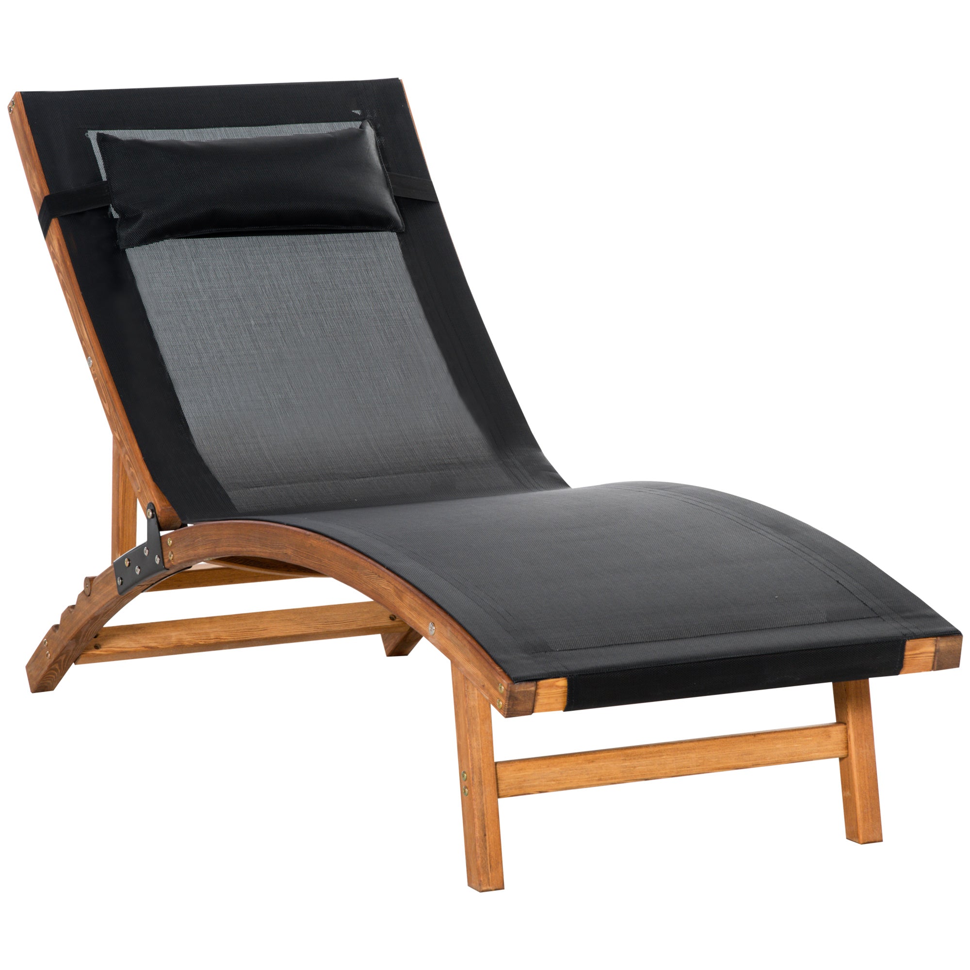 Ergonomic Wooden Patio Lounge Chair with Adjustable Back and Removable Pillow Black