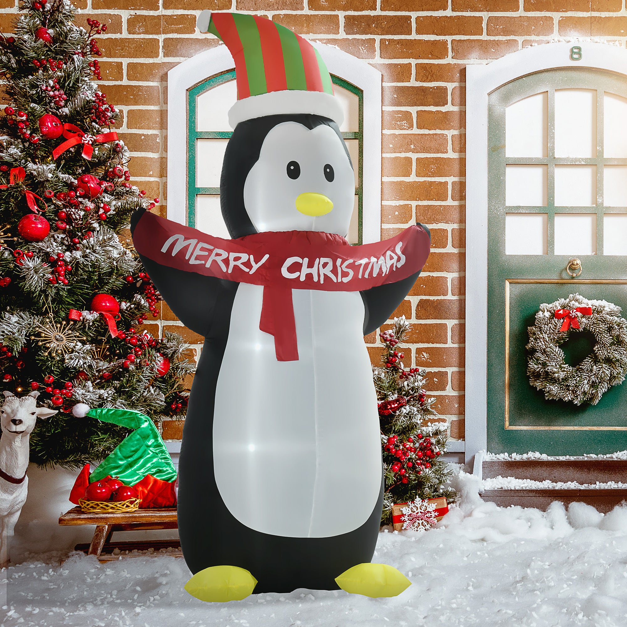 243cm Inflatable Penguin Holding Merry Christmas Banner Holiday Yard Decoration with LED Lights, Indoor Outdoor Lawn Blow Up Decor