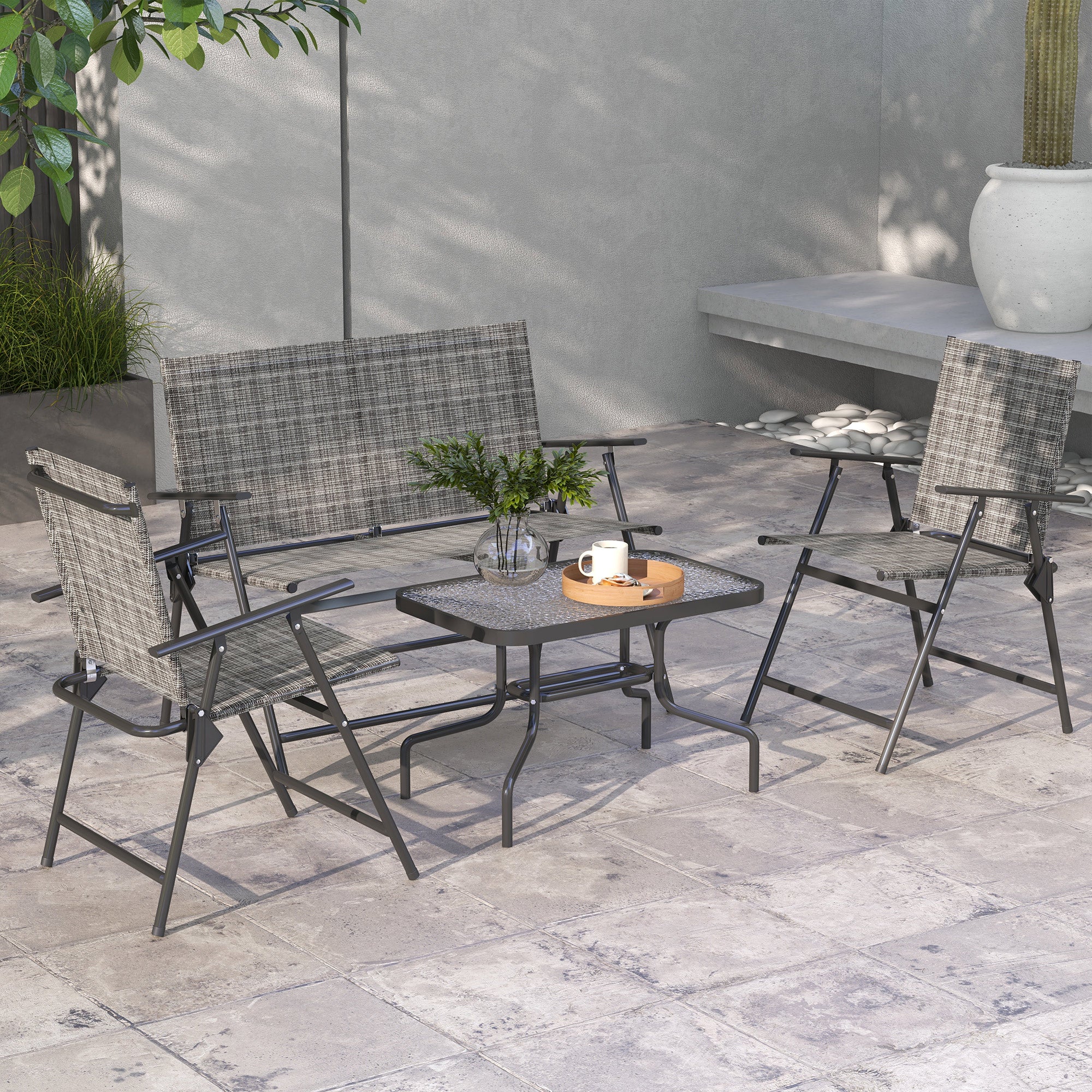 4 Pcs Patio Furniture Set w/ Breathable Mesh Fabric Seat, Backrest, Garden Set w/ Foldable Armchairs, Loveseat, Glass Top Table, Mixed Grey