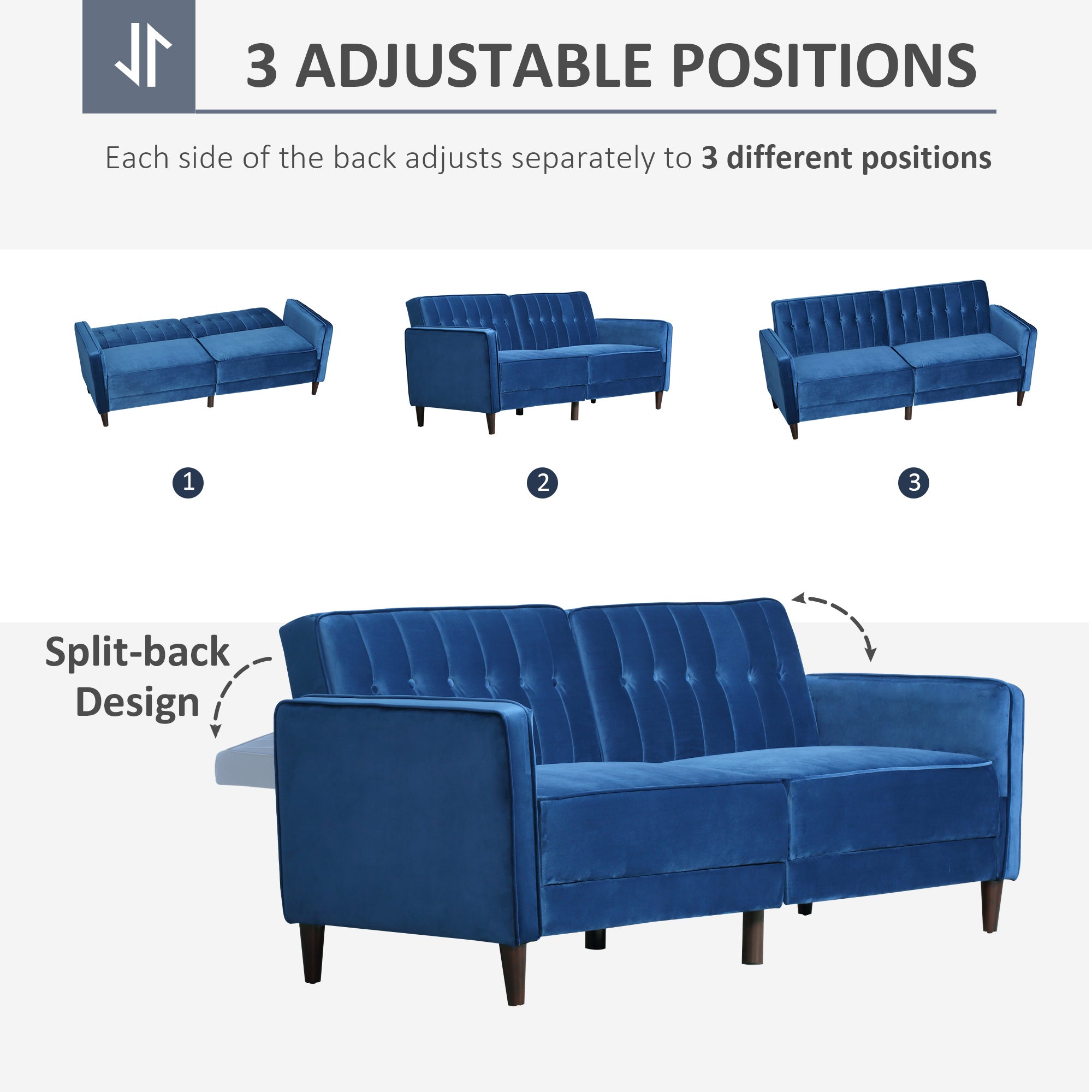 Modern Convertible Sofa Futon Velvet-Touch Tufted Couch Compact Loveseat with Adjustable Split Back, Blue