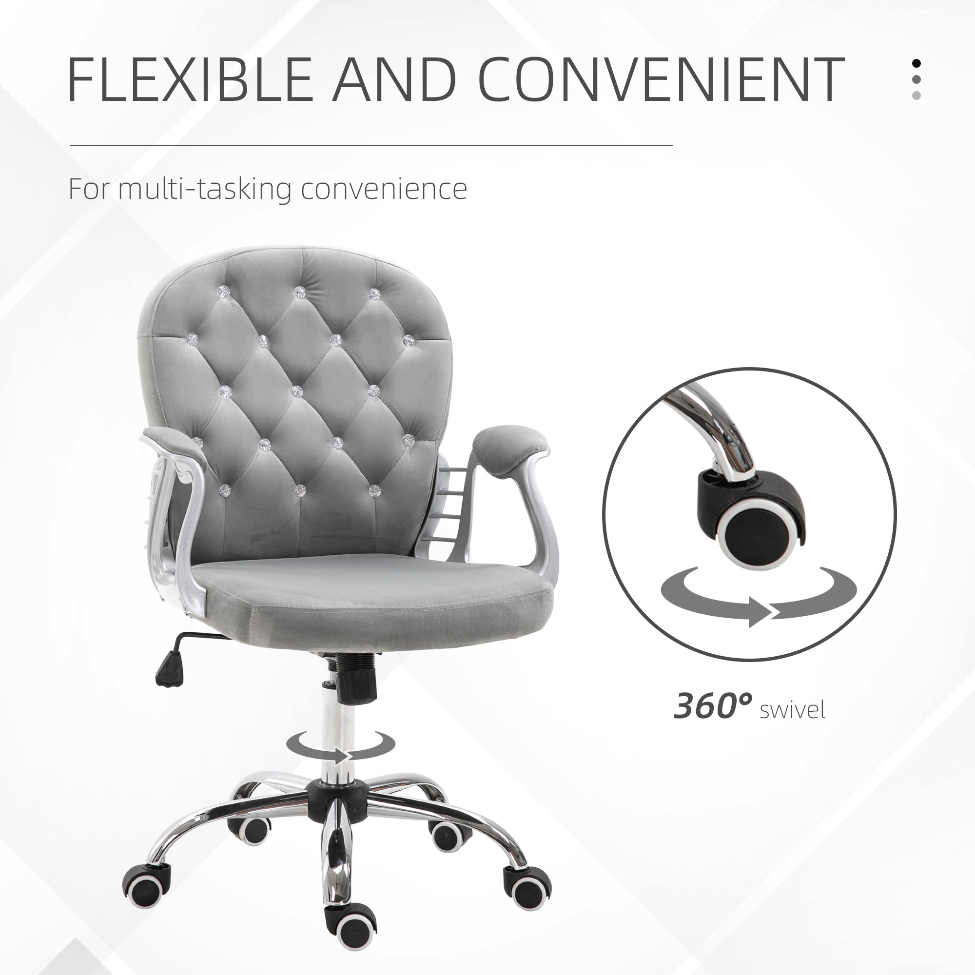 Office Chair Ergonomic 360° Swivel Diamond Tufted Home Work Velour Padded Base 5 Castor Wheels Grey