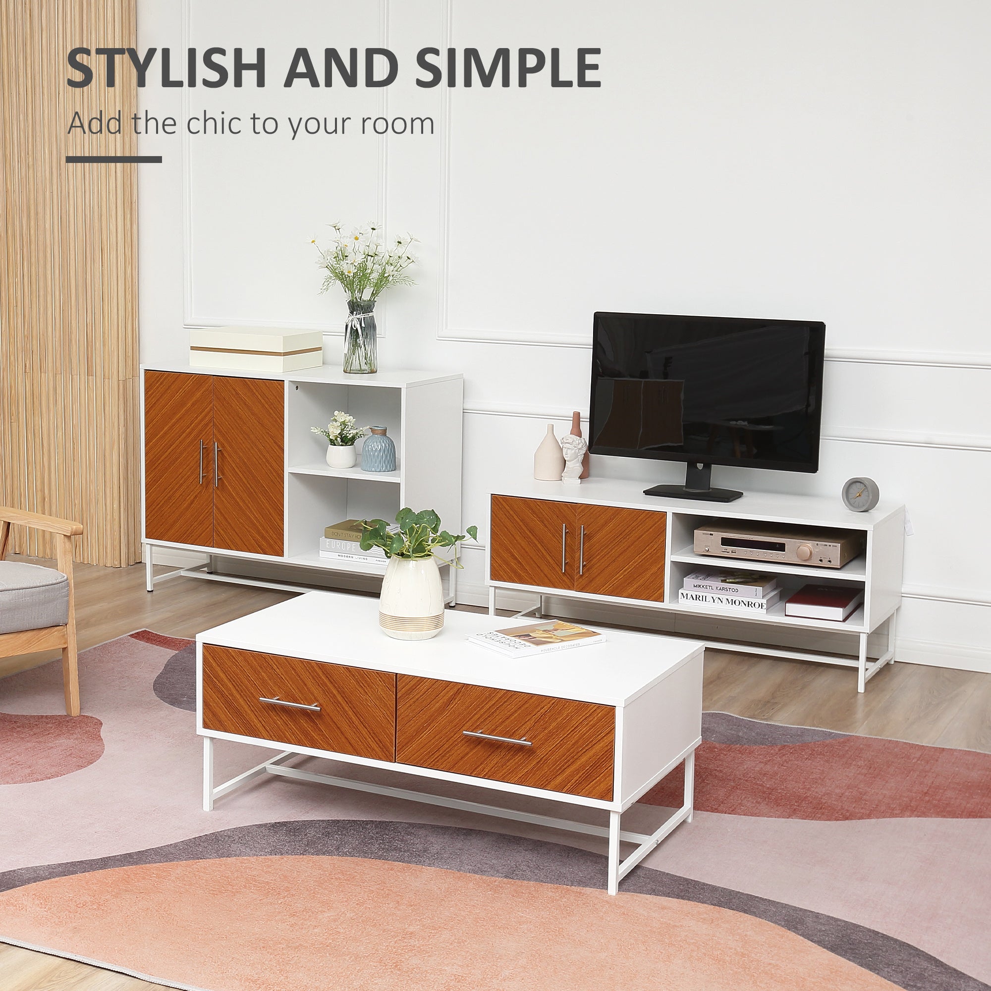 Modern Coffee Table, Rectangular Cocktail Table with Drawers and Open Storage Compartment, Metal Legs for Living Room