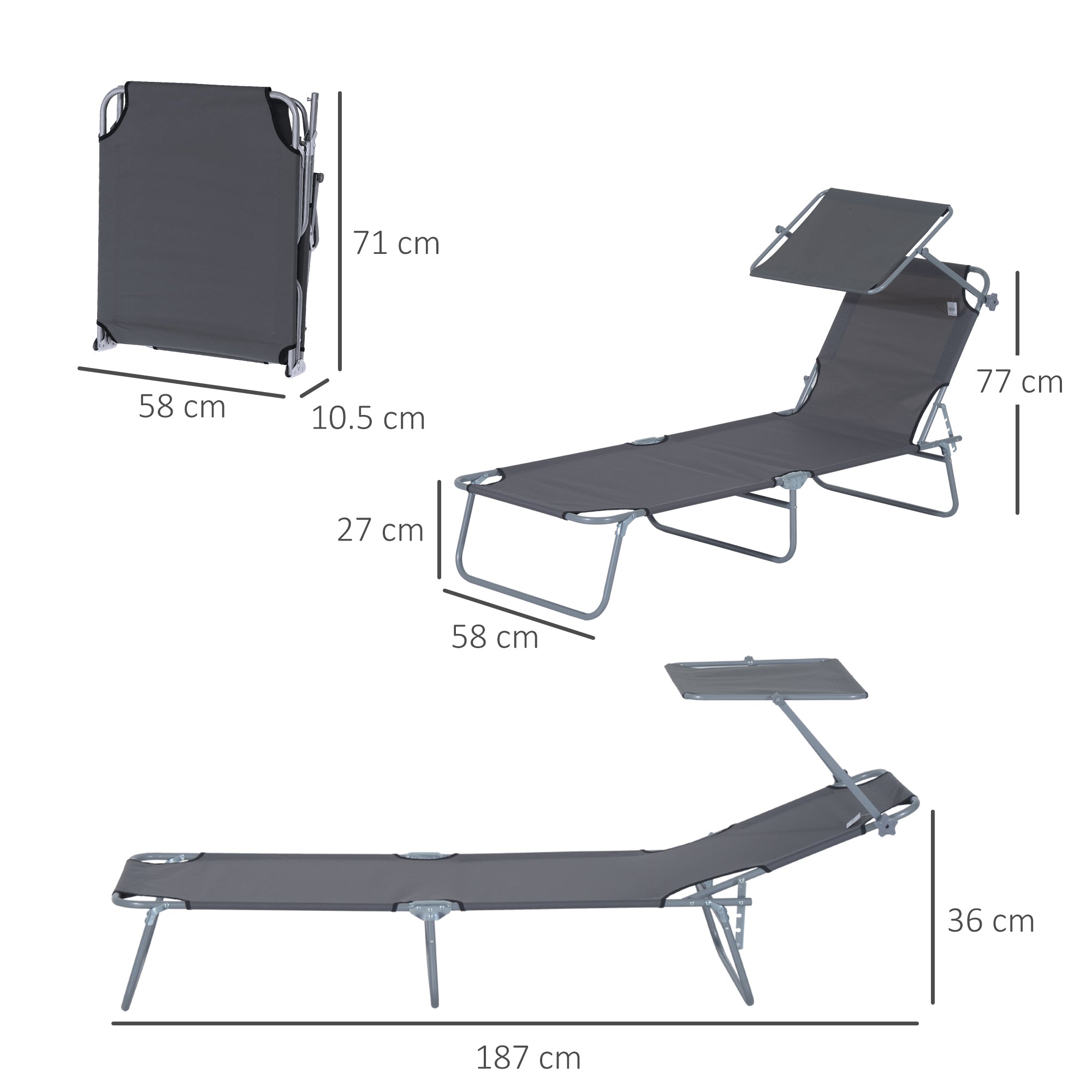 2 Pcs Outdoor Foldable Sun Lounger Set w/ Removeable Shade Canopy, Patio Recliner Sun Lounger w/ Adjustable Backrest w/ Mesh Fabric, Grey