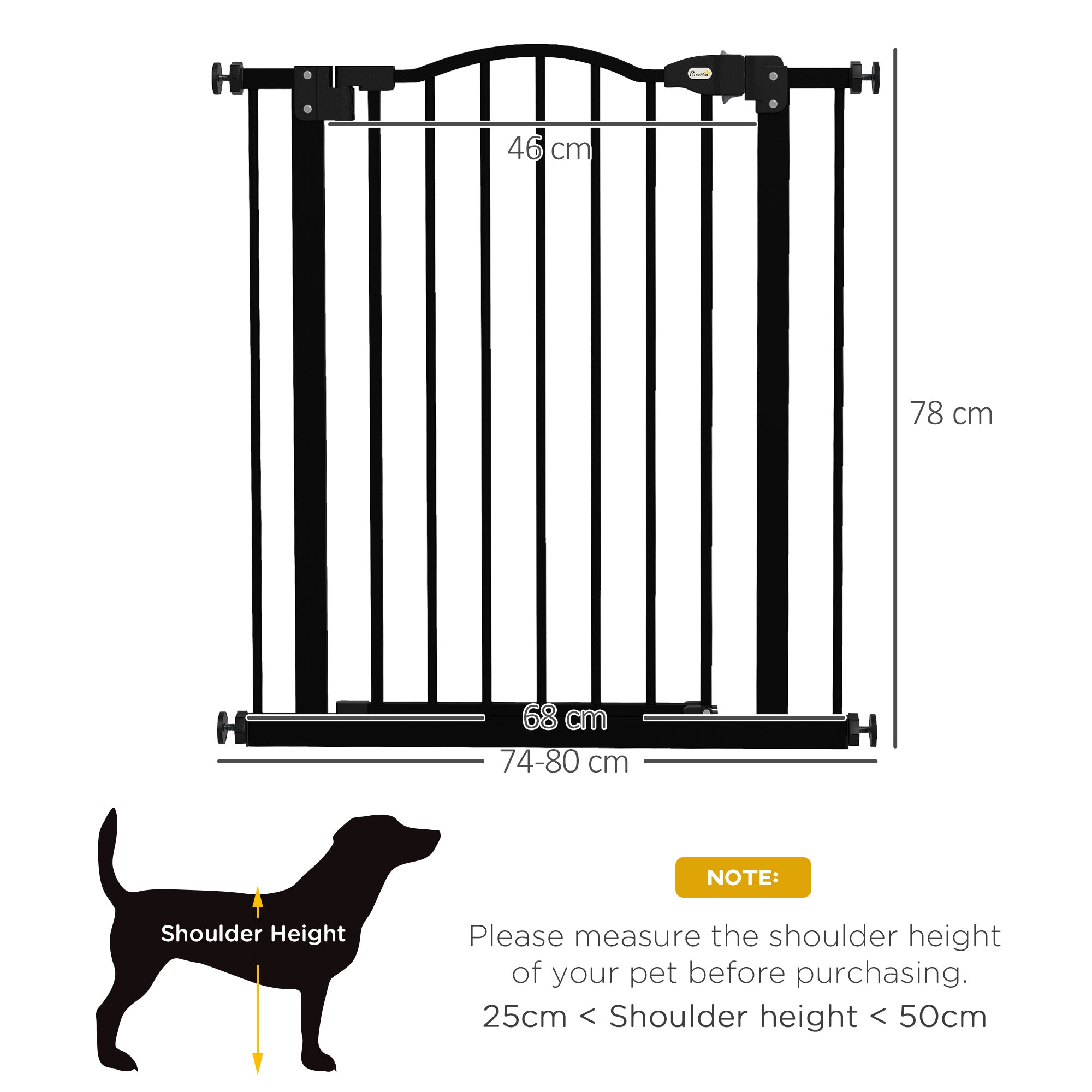 Metal 74-80cm Adjustable Pet Gate Safety Barrier w/ Auto-Close Door Black