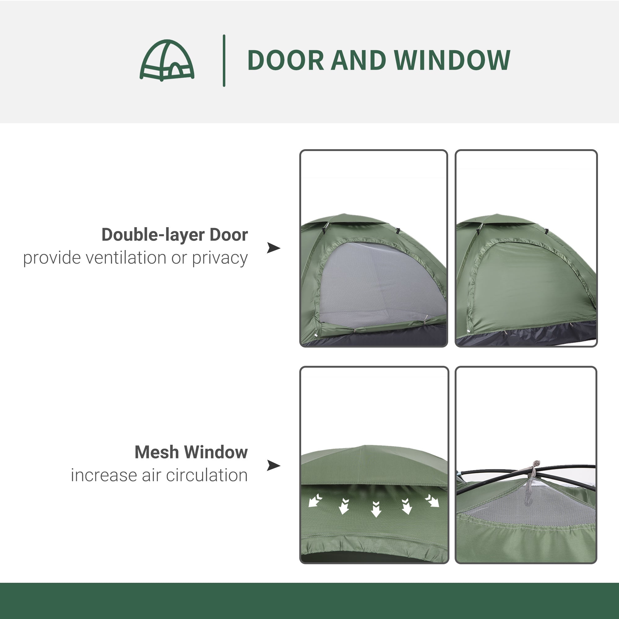 2 Person Camping Tent with Mesh Windows & Storage Pocket - Dark Green