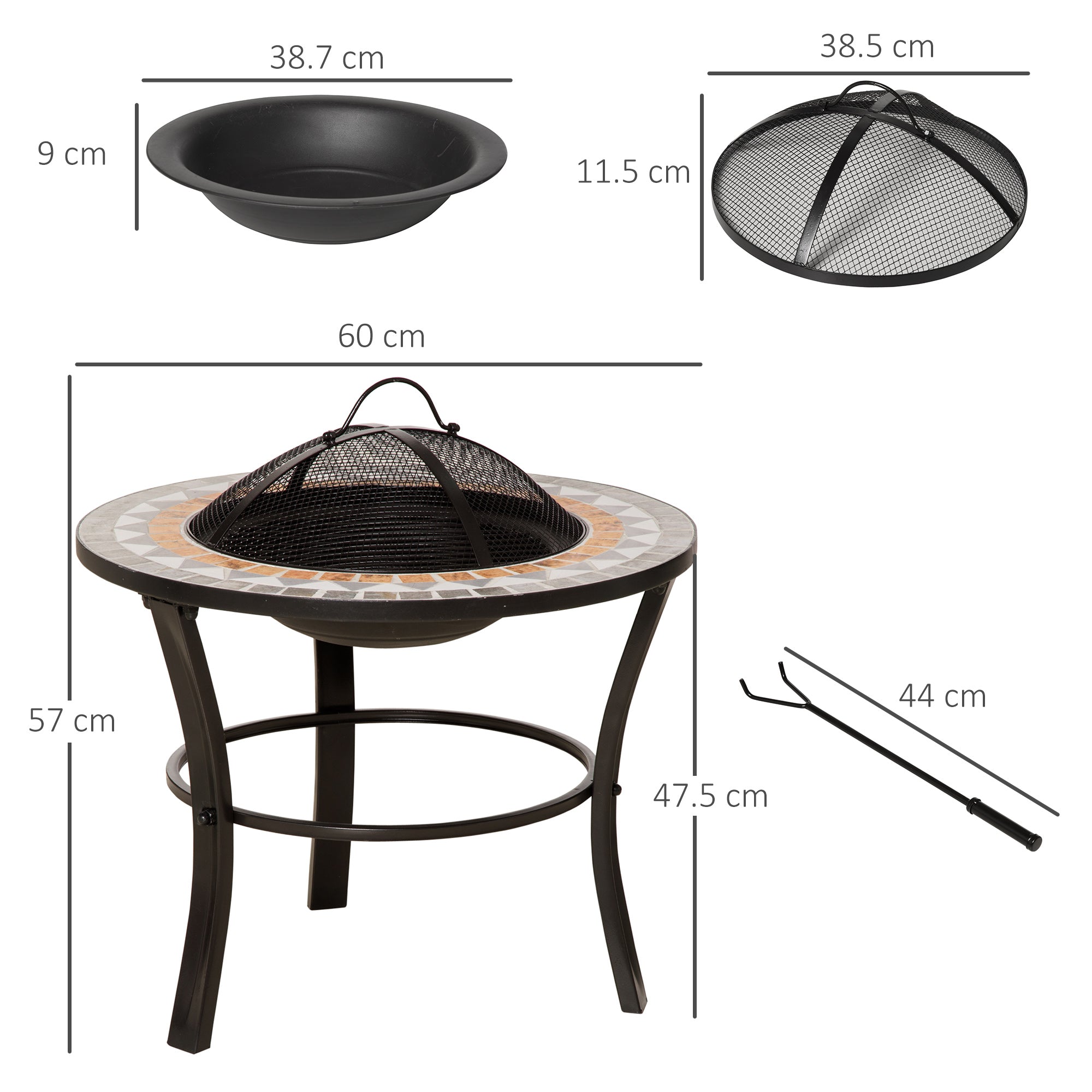 60cm Outdoor Fire Pit Table with Mosaic Outer, Round Firepit with Spark Screen Cover, Fire Poker for Garden Bonfire Party