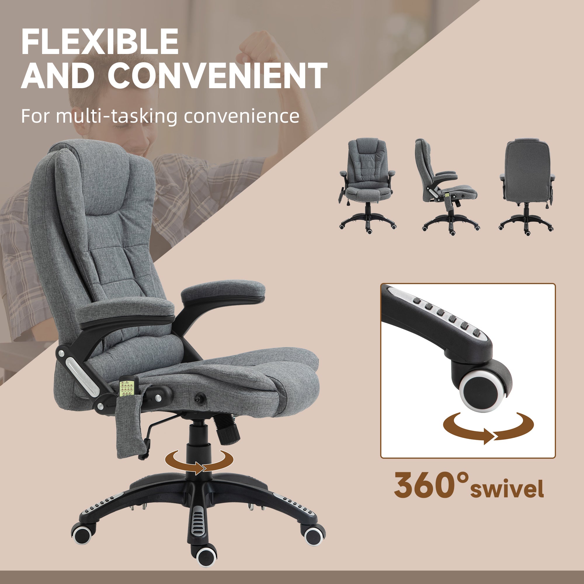 Massage Recliner Chair Heated Office Chair with Six Massage Points Linen-Feel Fabric 360° Swivel Wheels Grey