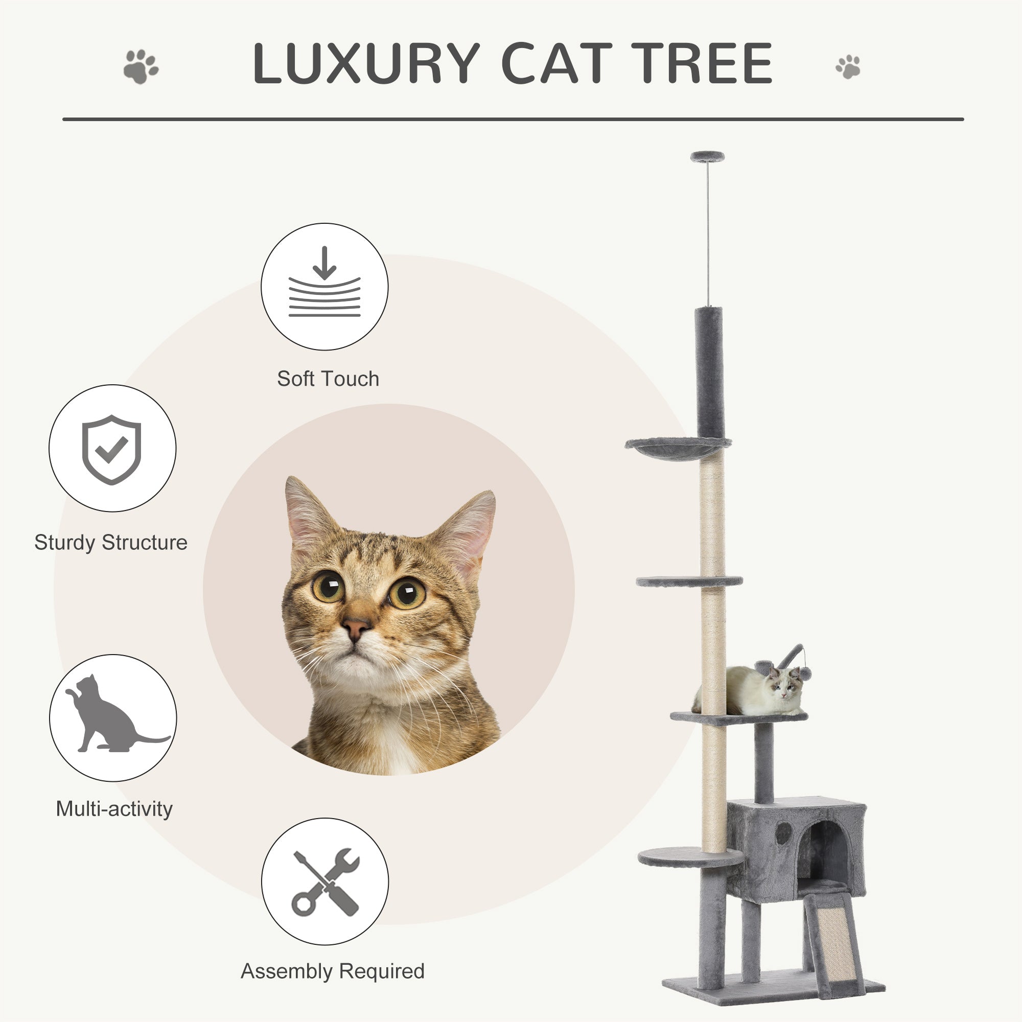 280cm Huge Cat Tower Activity Center Floor-to-Ceiling Cat Climbing Toy with Scratching Post Board Hammock Hanging Ball Rest Light Grey