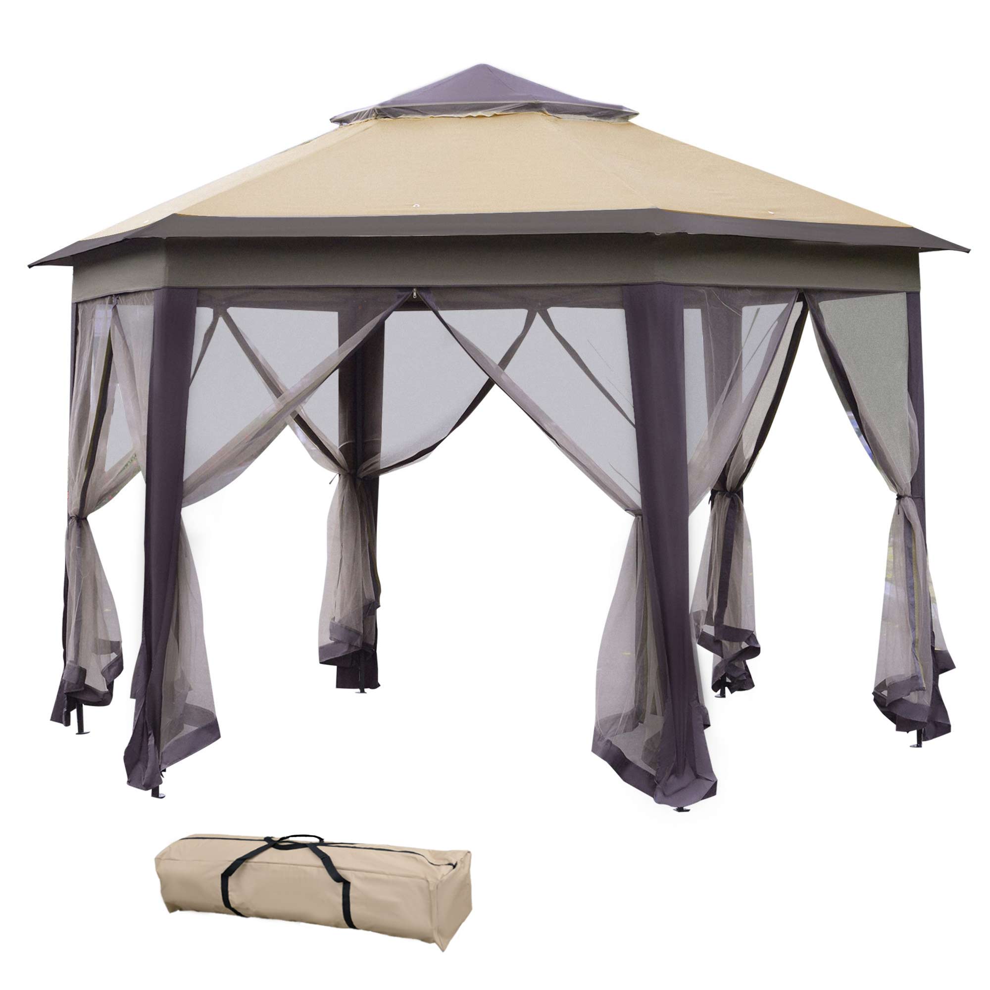 Hexagon Patio Gazebo Pop Up Gazebo Outdoor Double Roof Instant Shelter with Netting, 4m x 4m, Beige