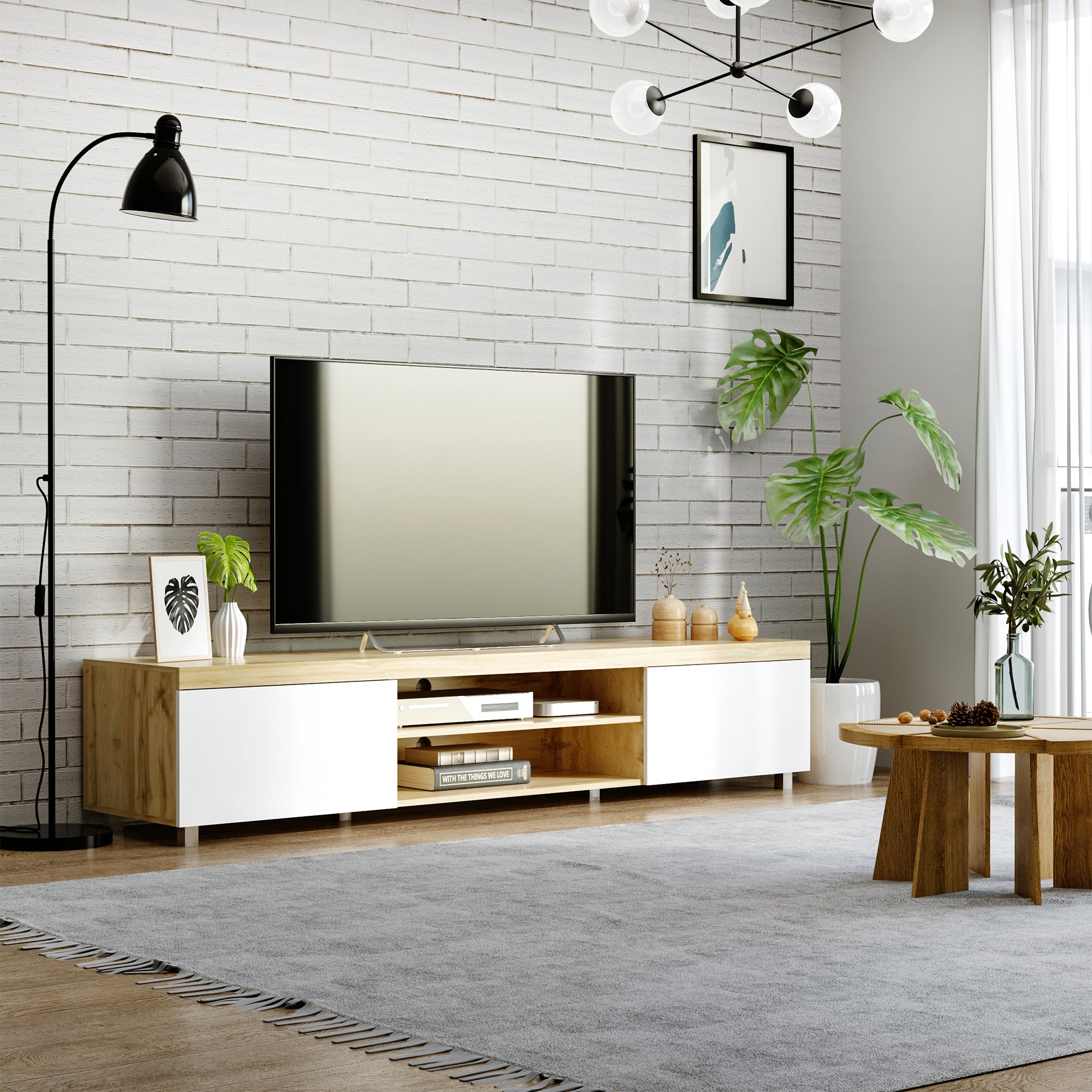 Modern TV Unit, TV Cabinet for TVs up to 90 Inches, Entertainment Center with Drawer Shelf for Living Room, Bedroom, Oak and White