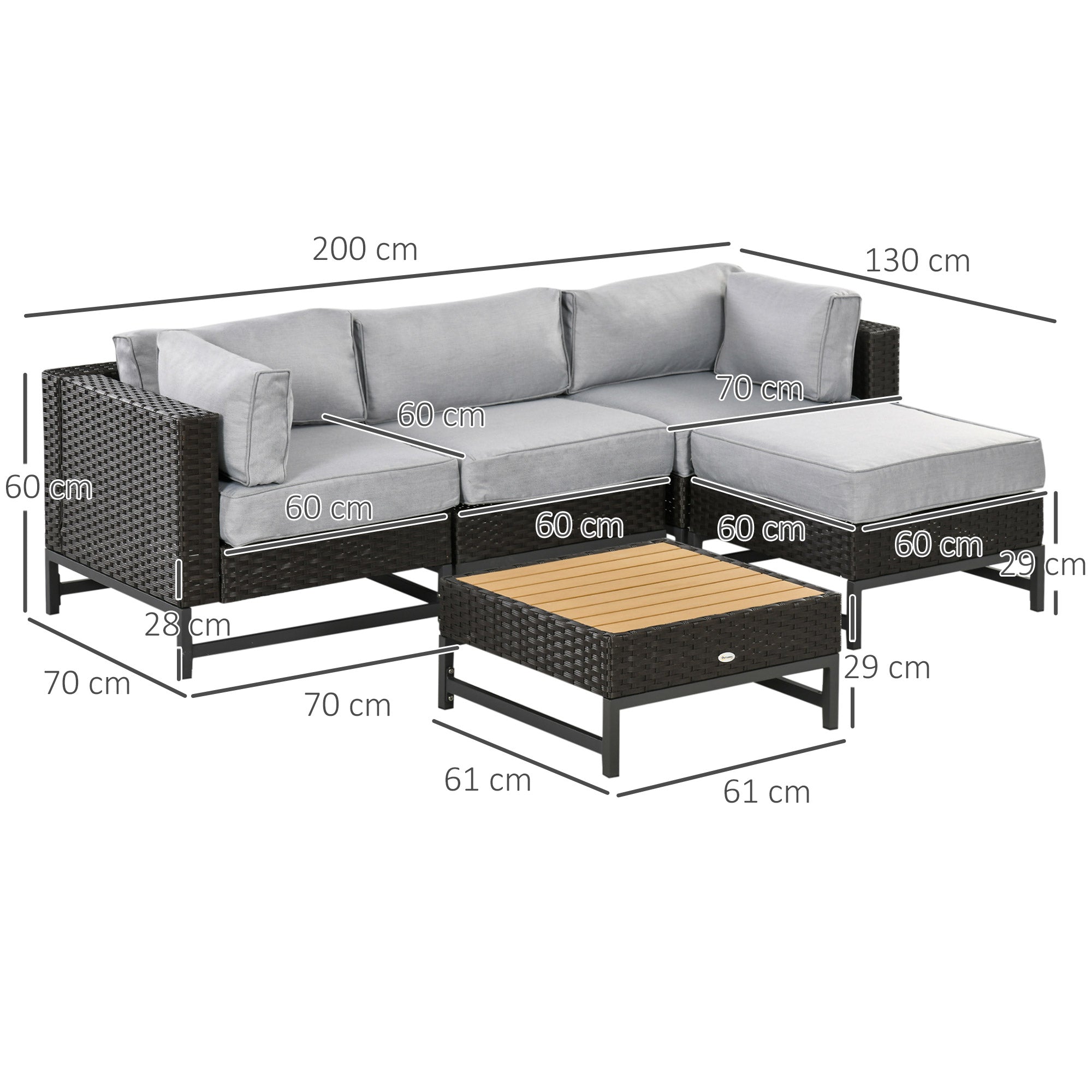 5 Pieces Outdoor PE Rattan Corner Sofa, Patio Wicker Woven Rattan Garden Furniture w/ Thick Padded Cushions, Wood Grain Plastic Top Table