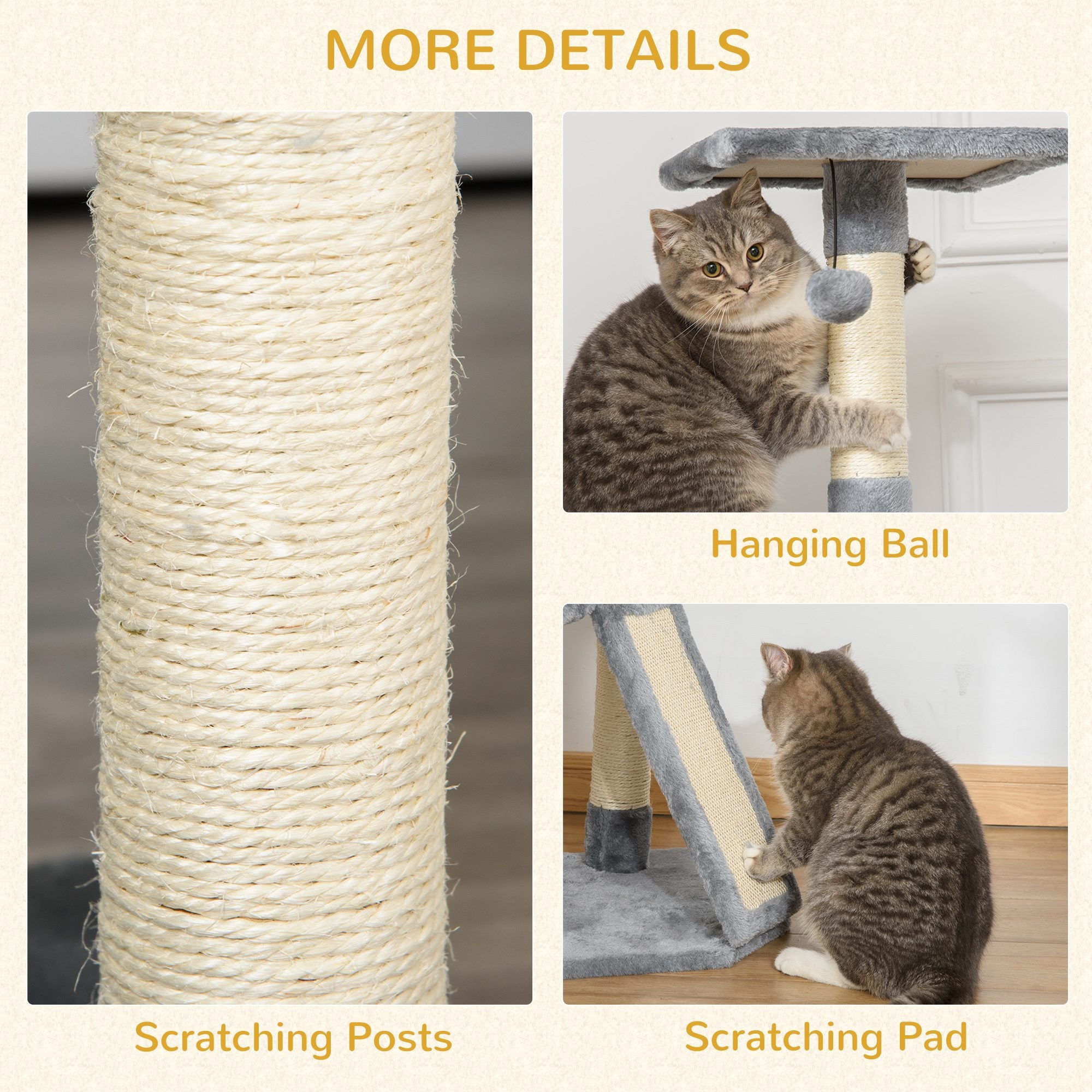 Cats 3-Tier Sisal Rope Scratching Post w/ Dangle Toy Grey