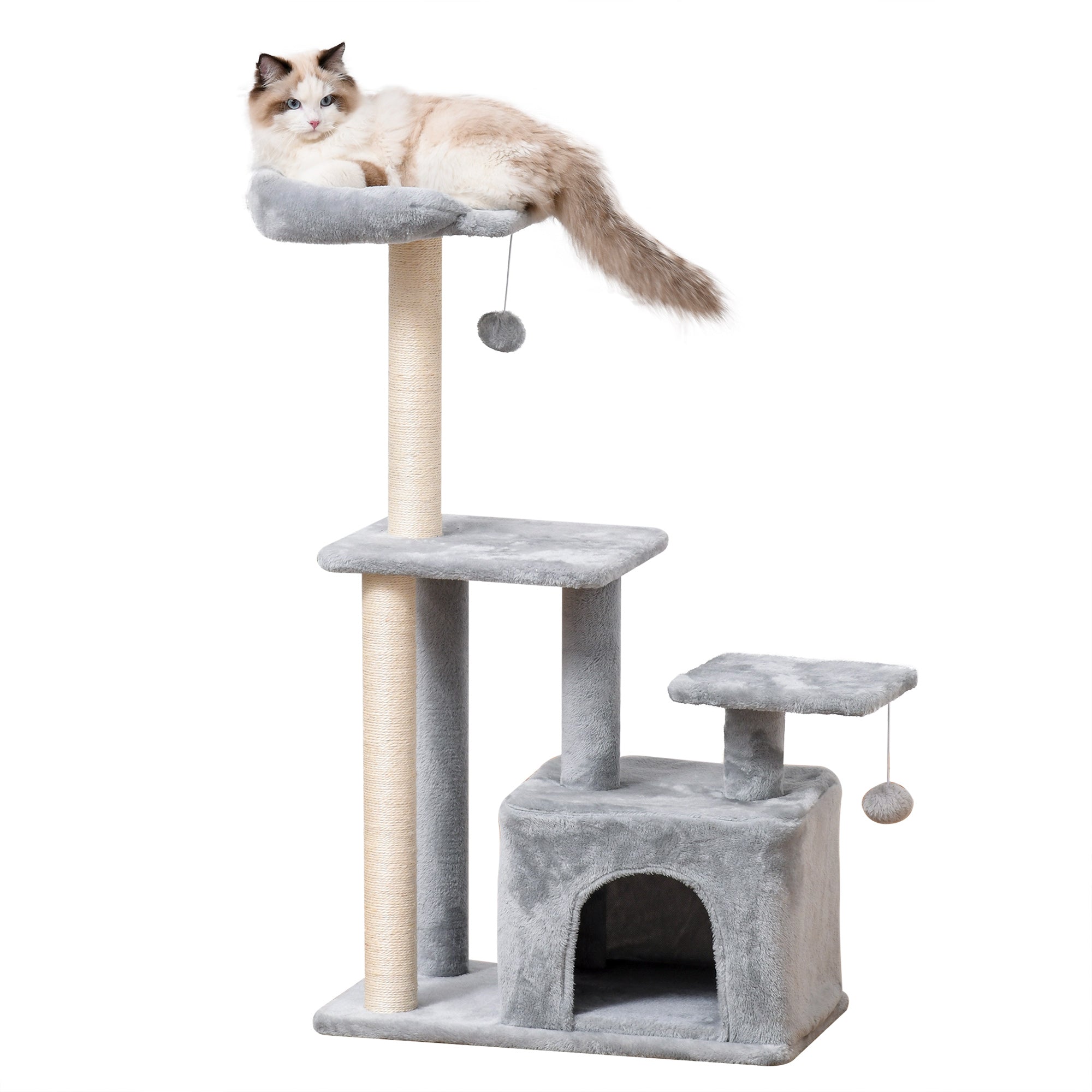 Cat tree Tower 114cm Climbing Activity Centre Kitten with Sisal Scratching Post Perch Hanging Ball Condo Toy Light Grey