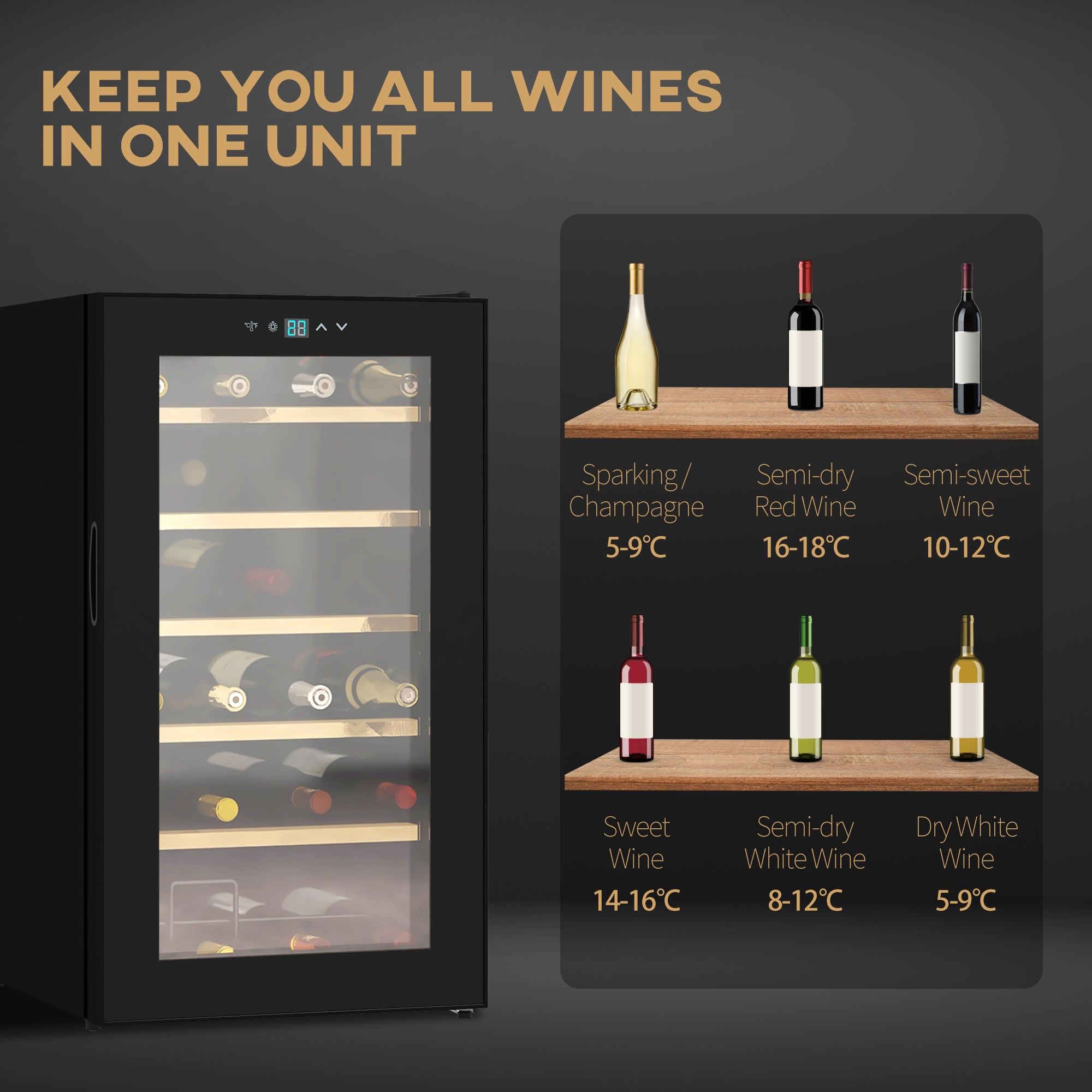 24 Bottles Freestanding Wine Fridge w/ Glass Door, 65L Single Zone Wine Cooler Fridge w/ Digital Touch Screen Controls, LED Light, Black