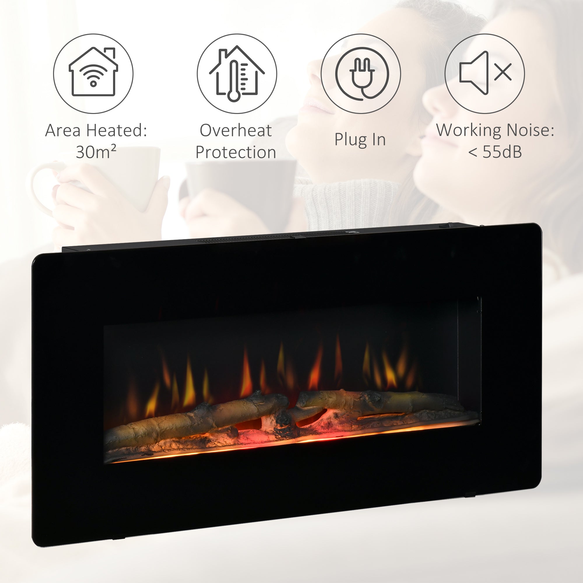 Electric Wall-Mounted Fireplace Heater with Adjustable Flame Effect, Remote Control, Timer, 1800/2000W, Black